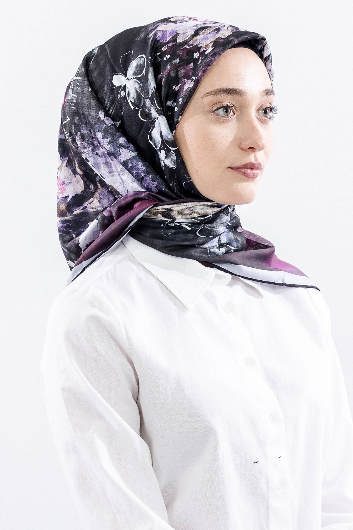 Dg14823 Eşarp Polyester Kumas Cicek Kare - Gri_pudra - 2