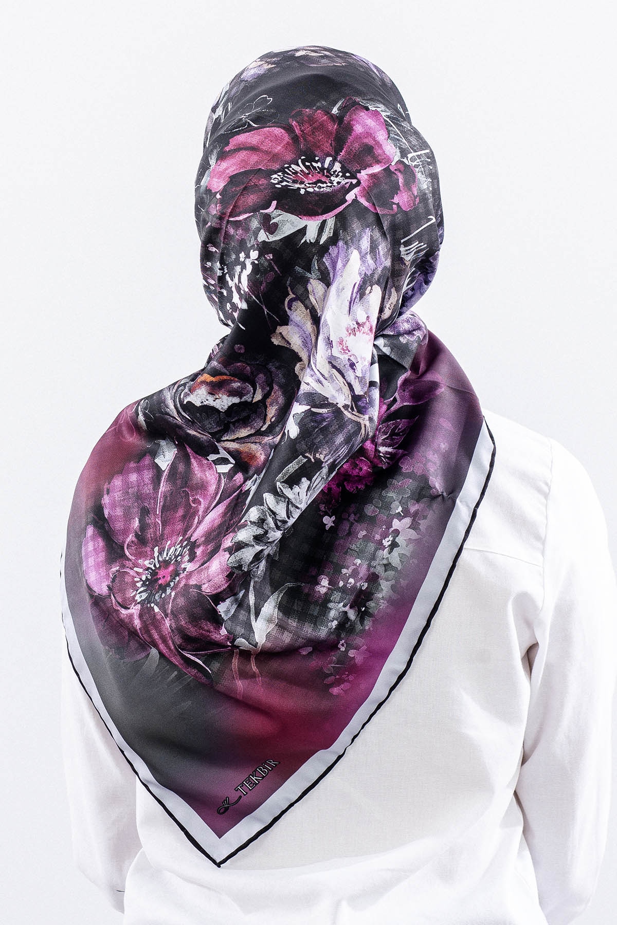 Dg14823 Eşarp Polyester Kumas Cicek Kare - Gri_pudra - 4