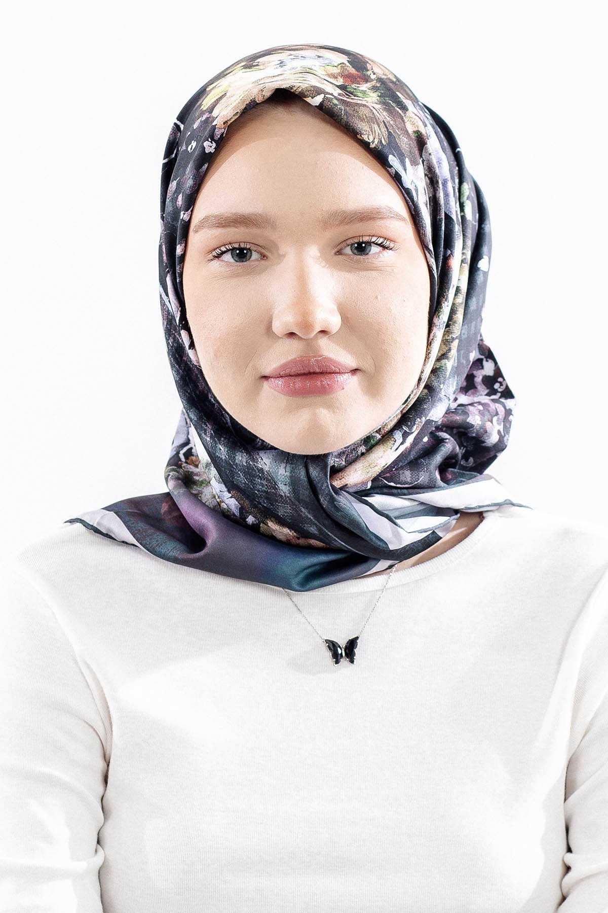 Dg14823 Eşarp Polyester Kumas Cicek Kare - Petrol - 1