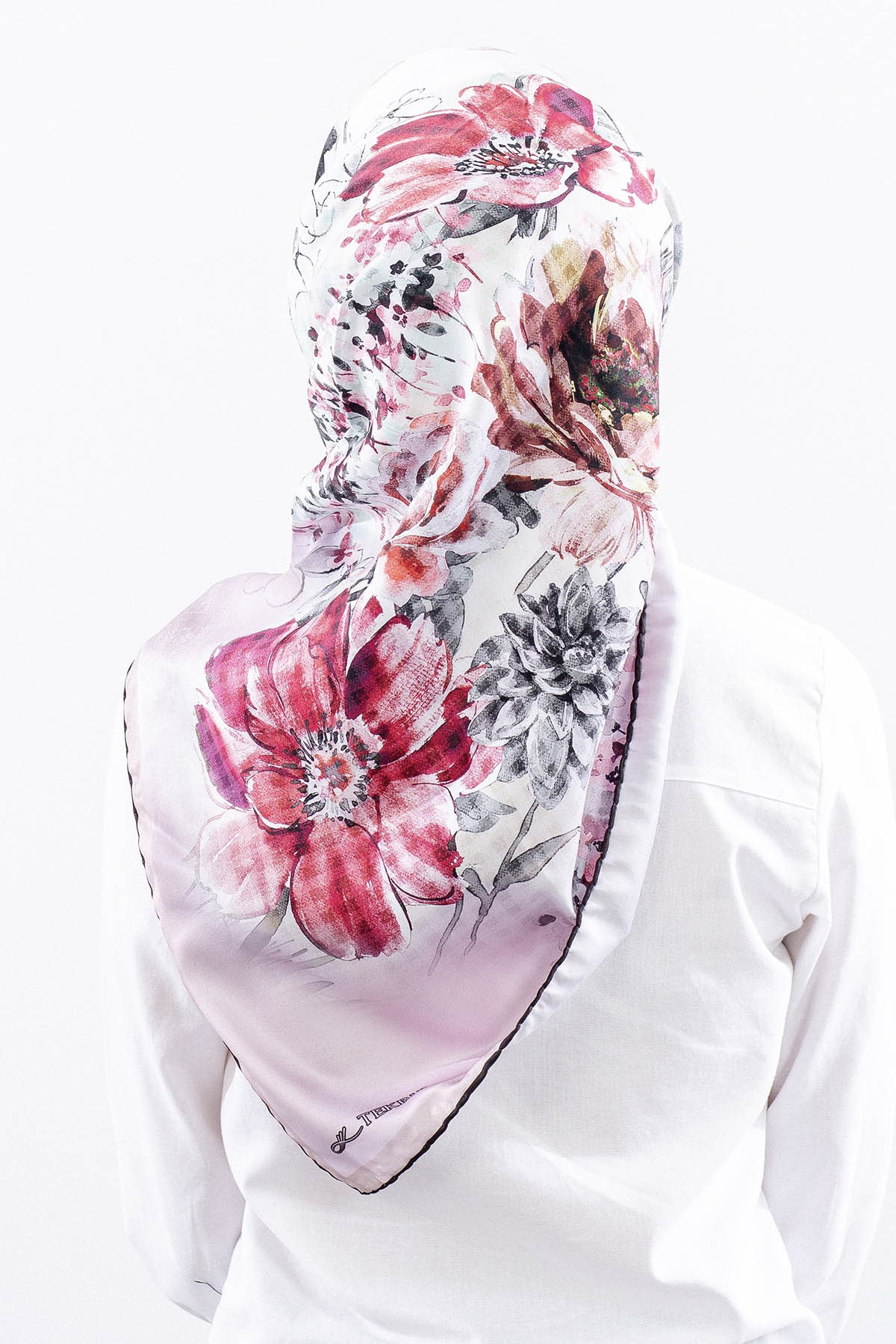 Dg14823 Eşarp Polyester Kumas Cicek Kare - Pudra - 4