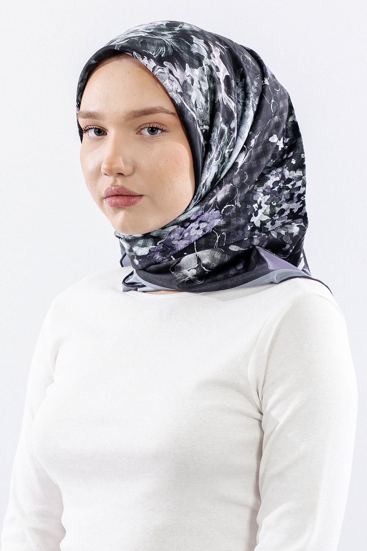 Dg14823 Eşarp Polyester Kumas Cicek Kare - Siyah - 2