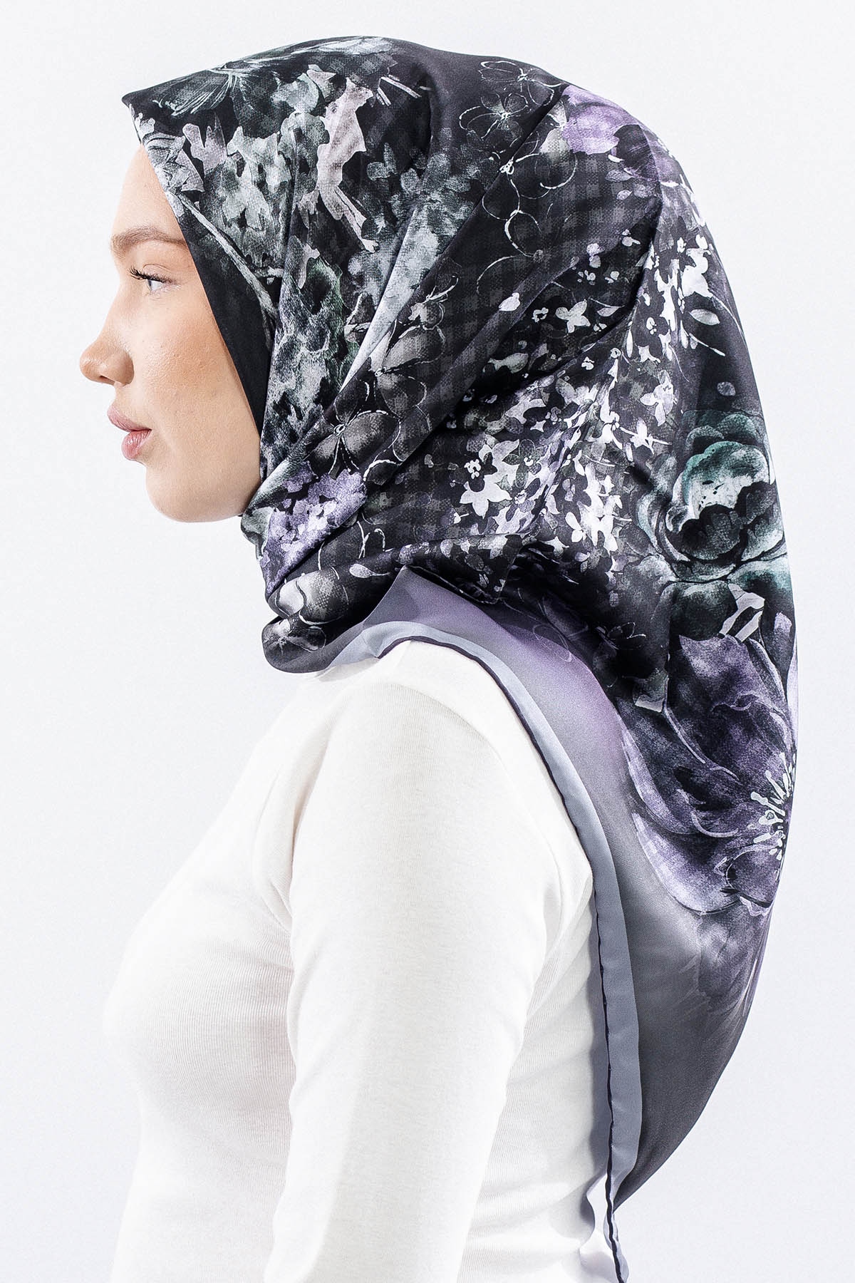 Dg14823 Eşarp Polyester Kumas Cicek Kare - Siyah - 3