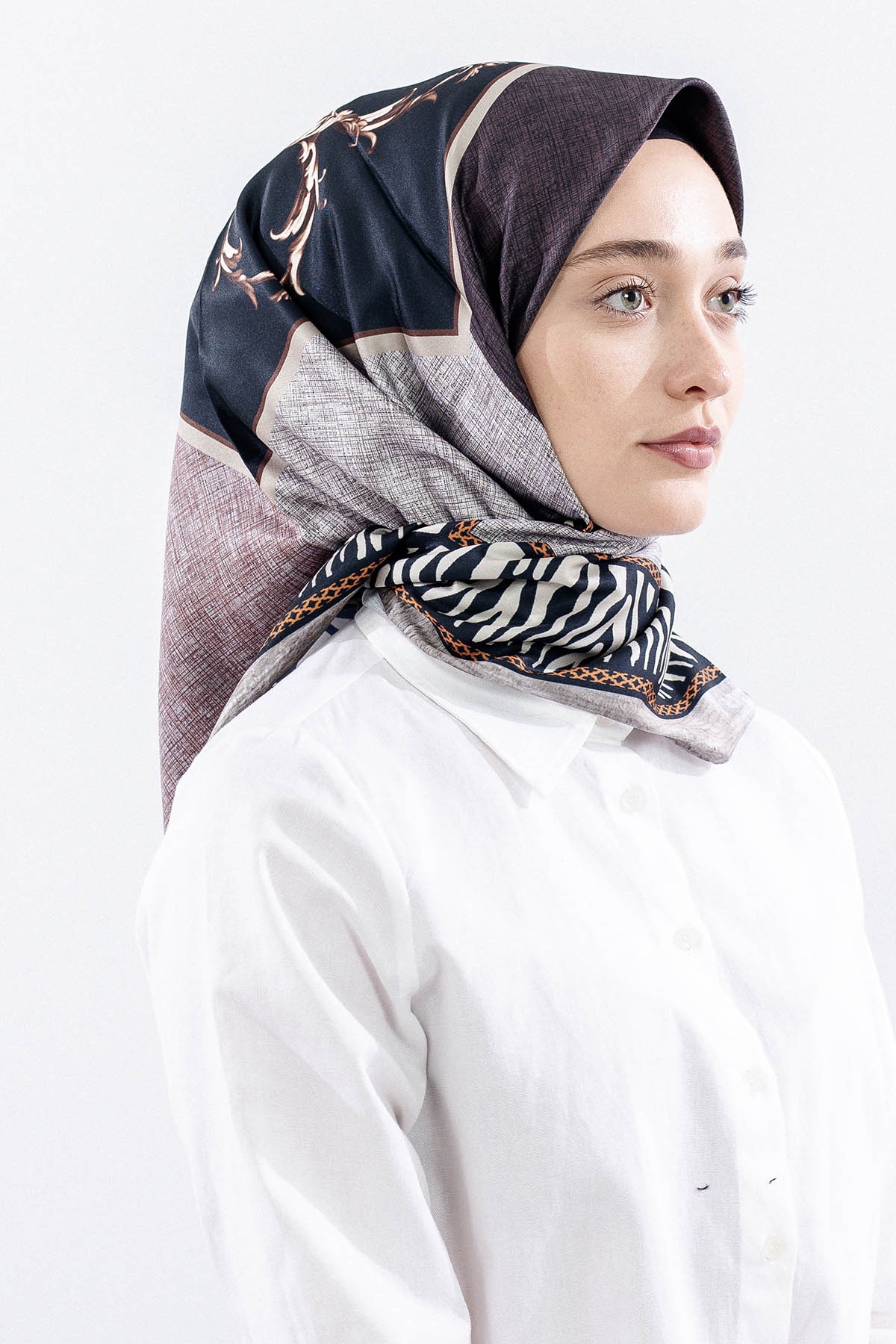 Dg14824 Eşarp Polyester Kumas Zincir Desen - Kahve - 2