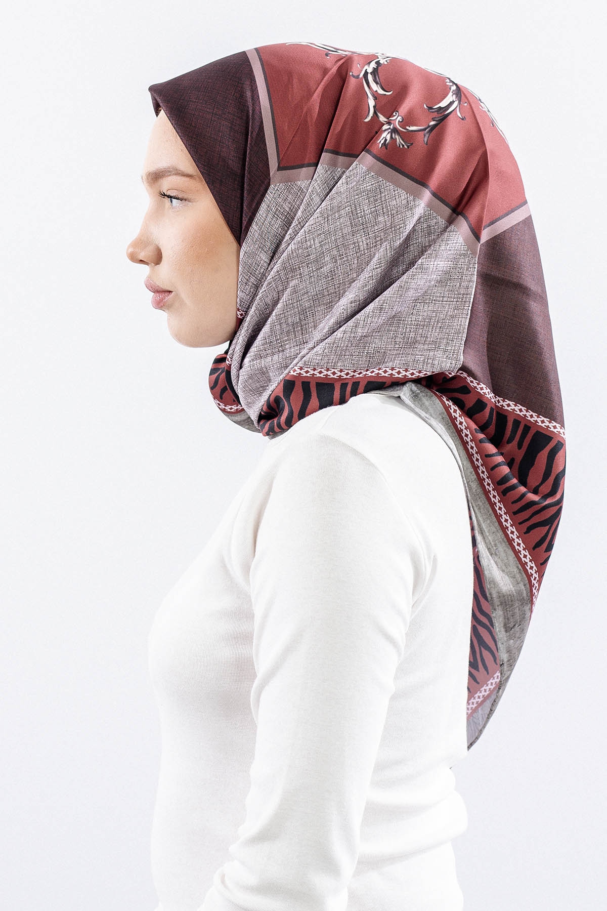 Dg14824 Eşarp Polyester Kumas Zincir Desen - Kiremit - 3