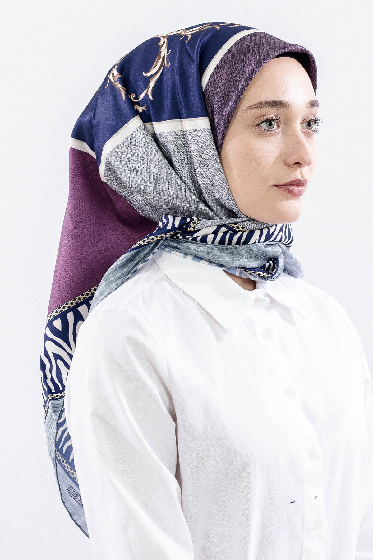 Dg14824 Eşarp Polyester Kumas Zincir Desen - Lacivert_pudra - 2