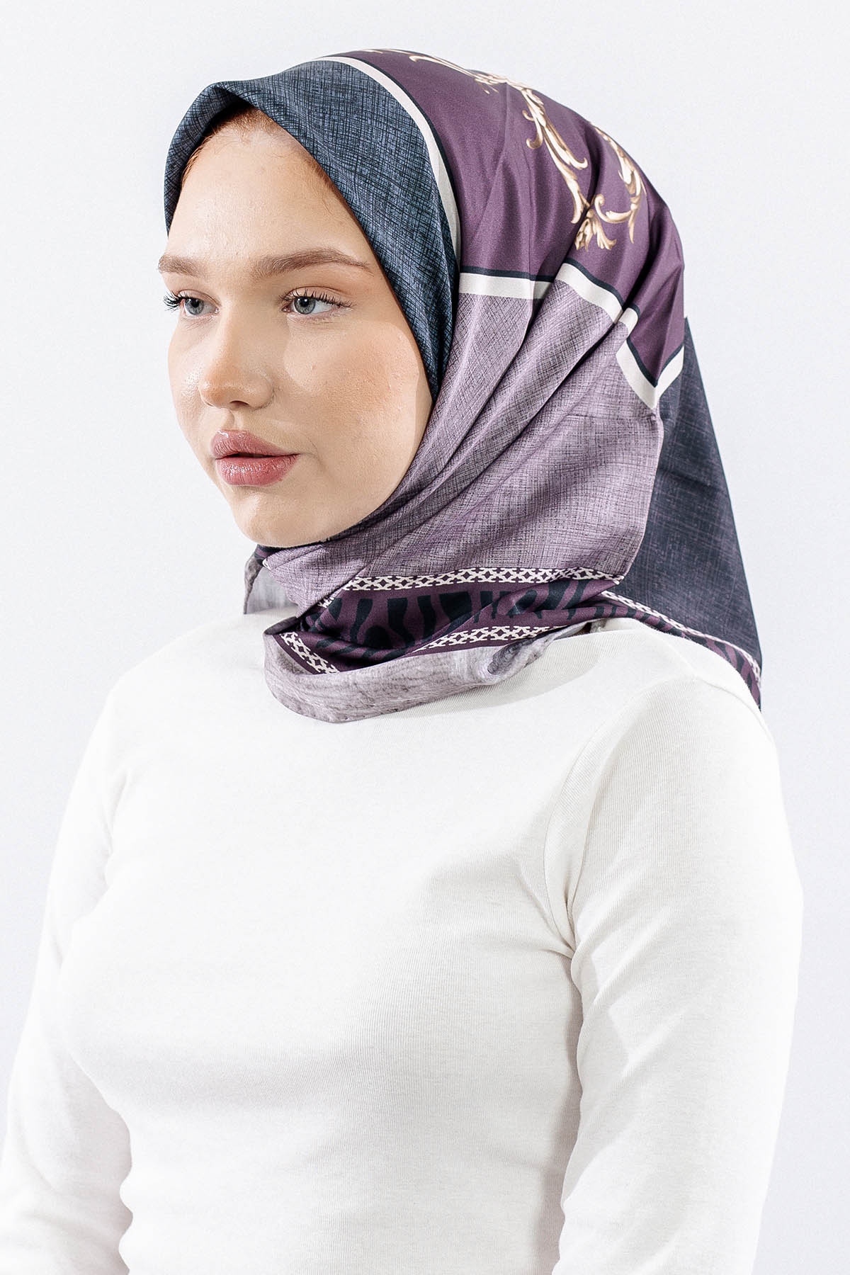 Dg14824 Eşarp Polyester Kumas Zincir Desen - Murdum - 2