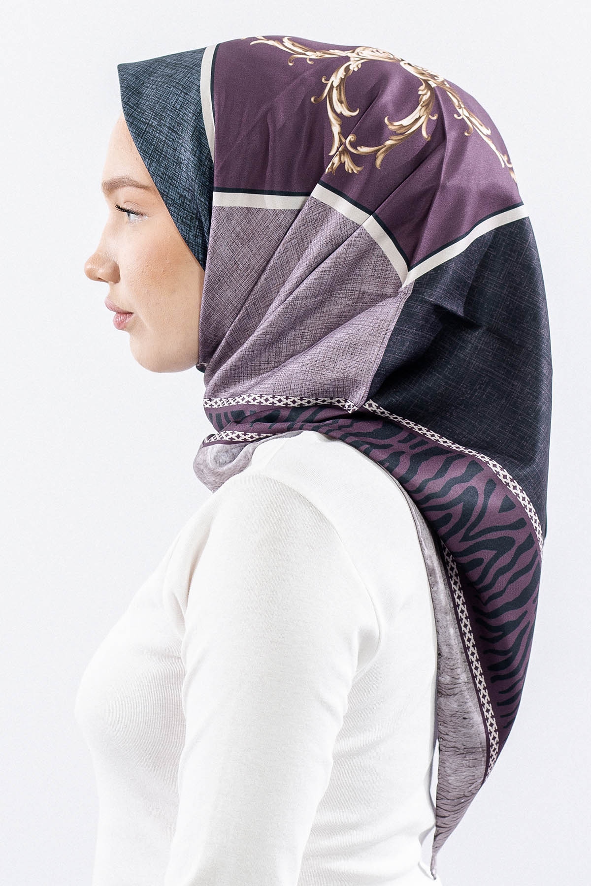 Dg14824 Eşarp Polyester Kumas Zincir Desen - Murdum - 3