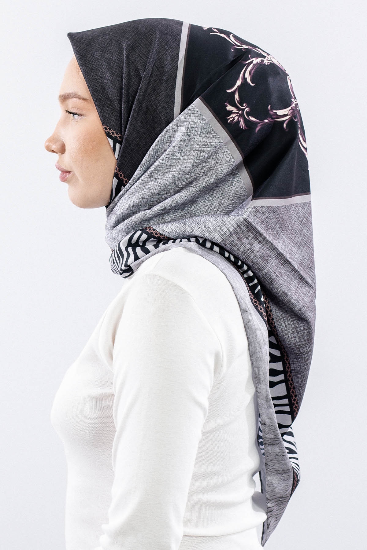 Dg14824 Eşarp Polyester Kumas Zincir Desen - Siyah_gri - 3