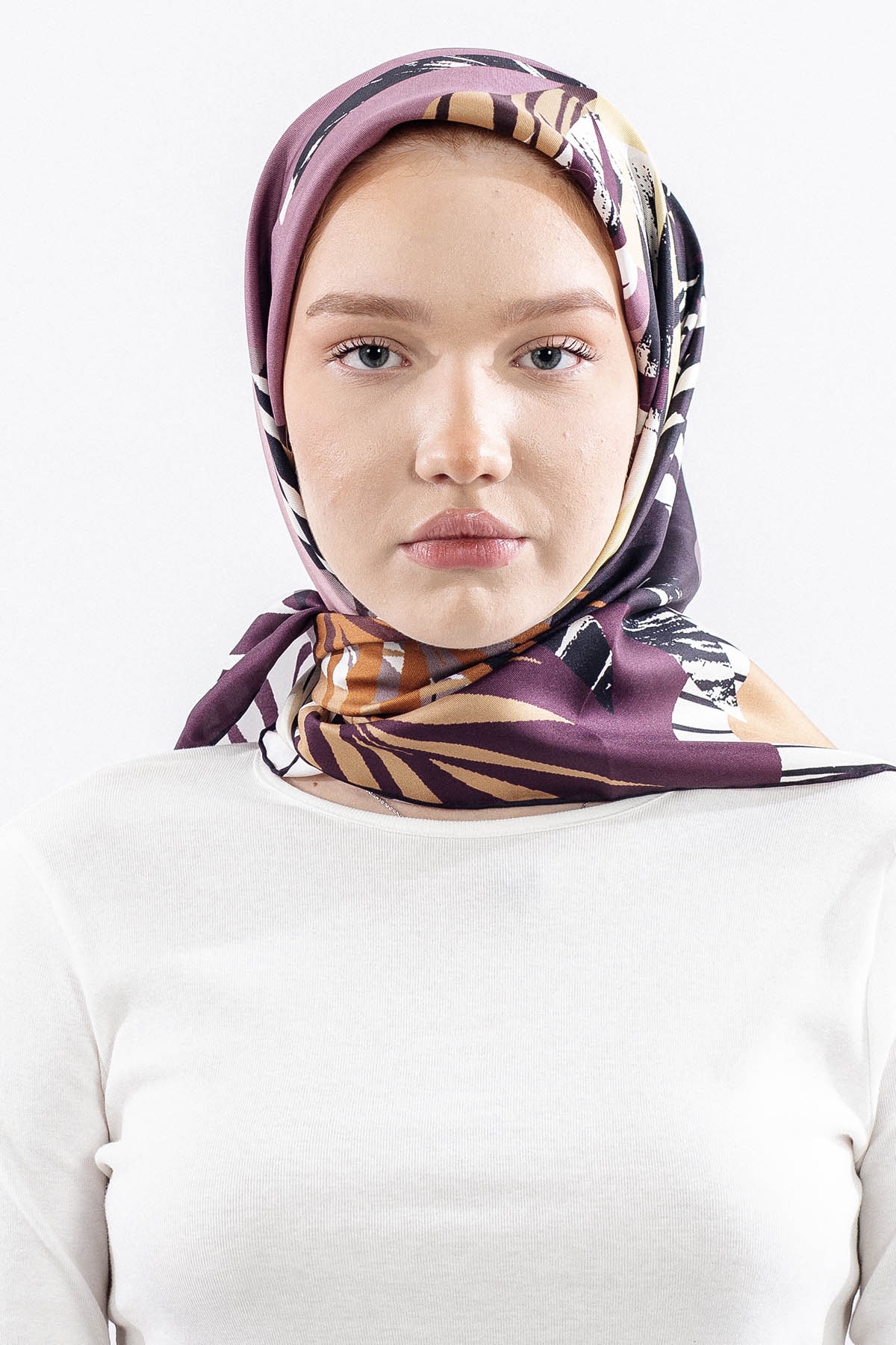 Dg14825 İpek Eşarp Palmiye Desen Tvil Kumas - Bordo - 1