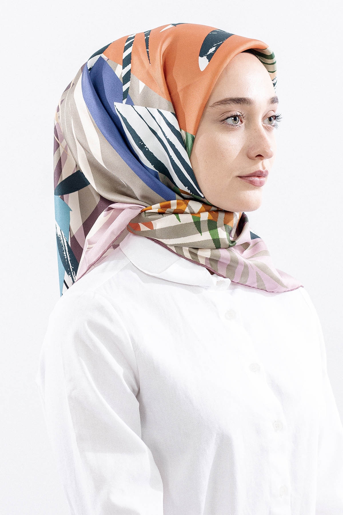 Dg14825 İpek Eşarp Palmiye Desen Tvil Kumas - Pudra - 2