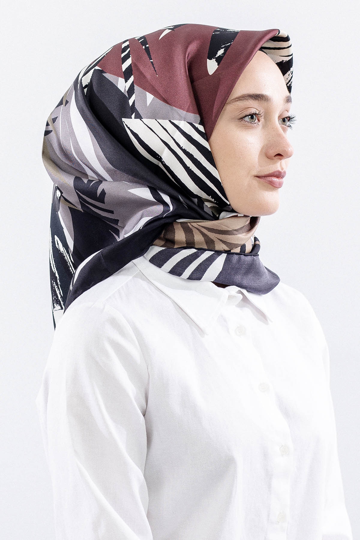 Dg14825 İpek Eşarp Palmiye Desen Tvil Kumas - Siyah - 2