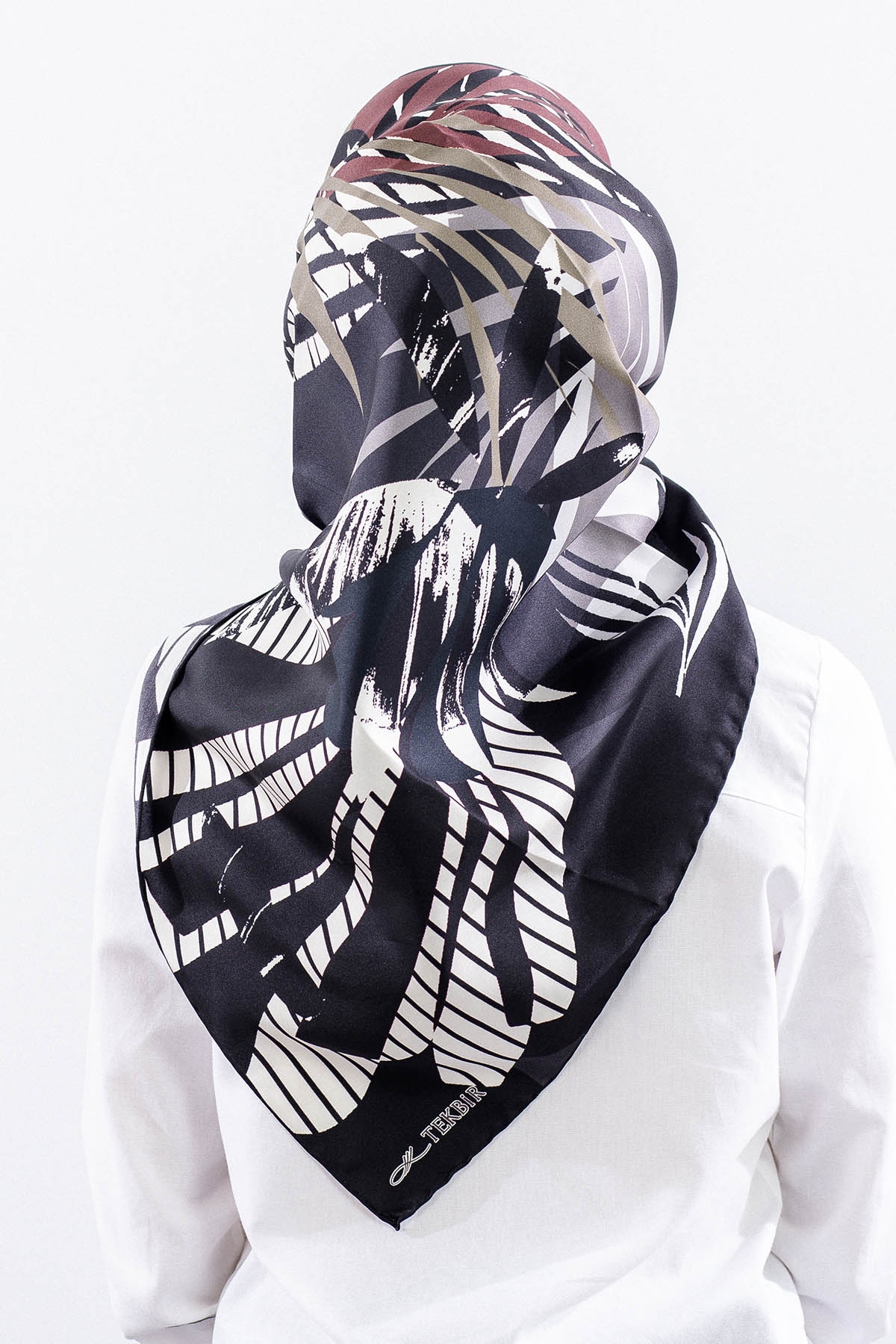 Dg14825 İpek Eşarp Palmiye Desen Tvil Kumas - Siyah - 4