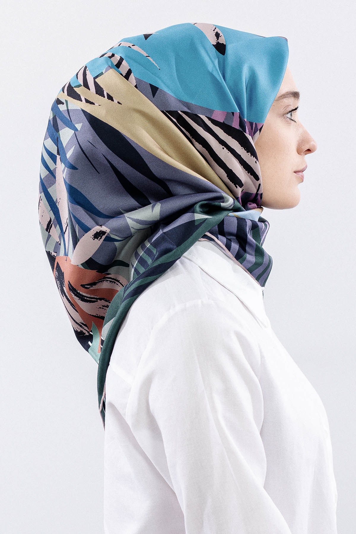 Dg14825 İpek Eşarp Palmiye Desen Tvil Kumas - Yesil - 3