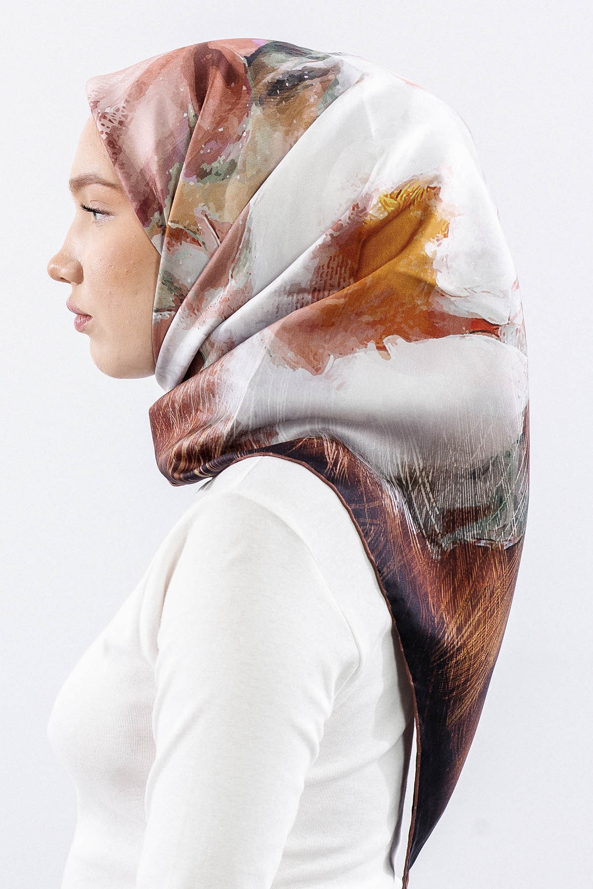 Dg14826 İpek Eşarp Flu Gul Tvil Kumas - Kahve - 3