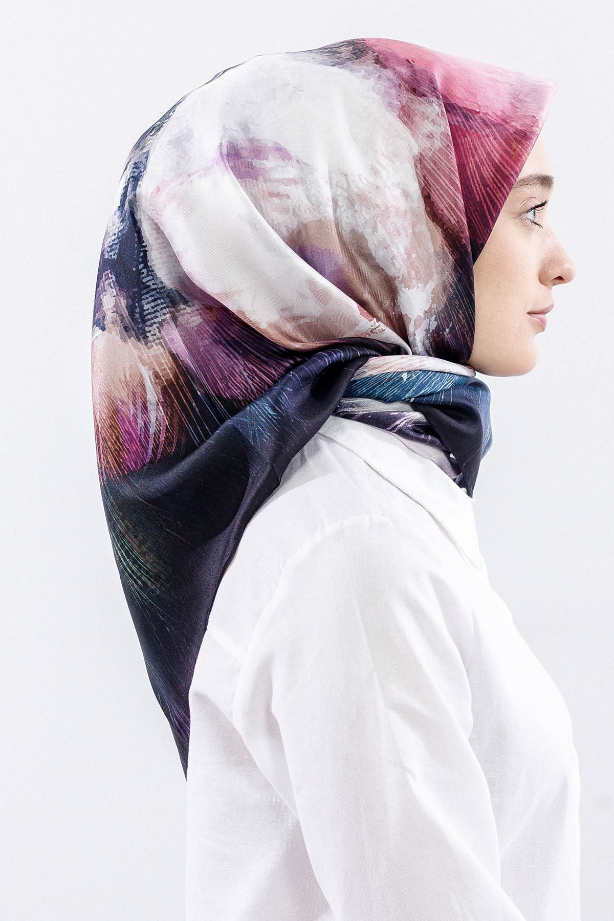 Dg14826 İpek Eşarp Flu Gul Tvil Kumas - Lacivert_pudra - 3