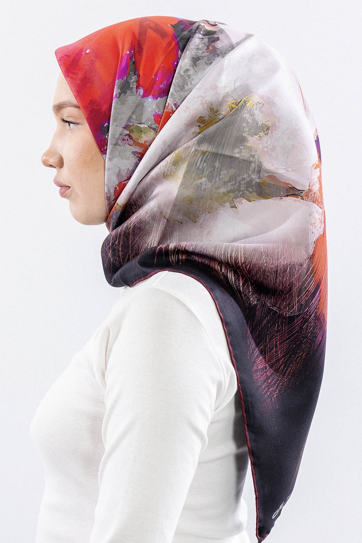 Dg14826 İpek Eşarp Flu Gul Tvil Kumas - Siyah_kirmizi - 3