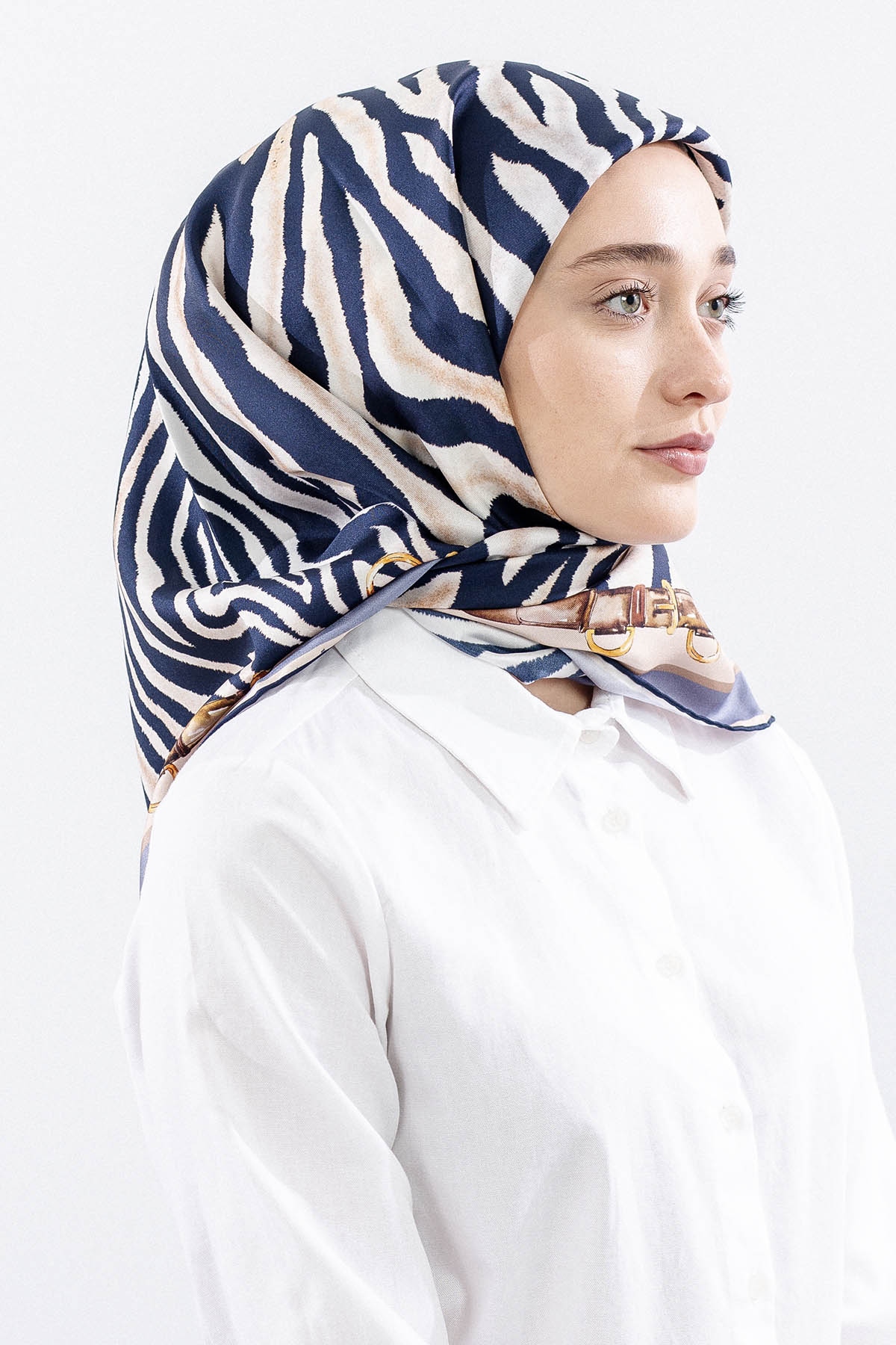 Dg14827 İpek Eşarp Zebra Desen Tvil Kumas - Lacivert - 2