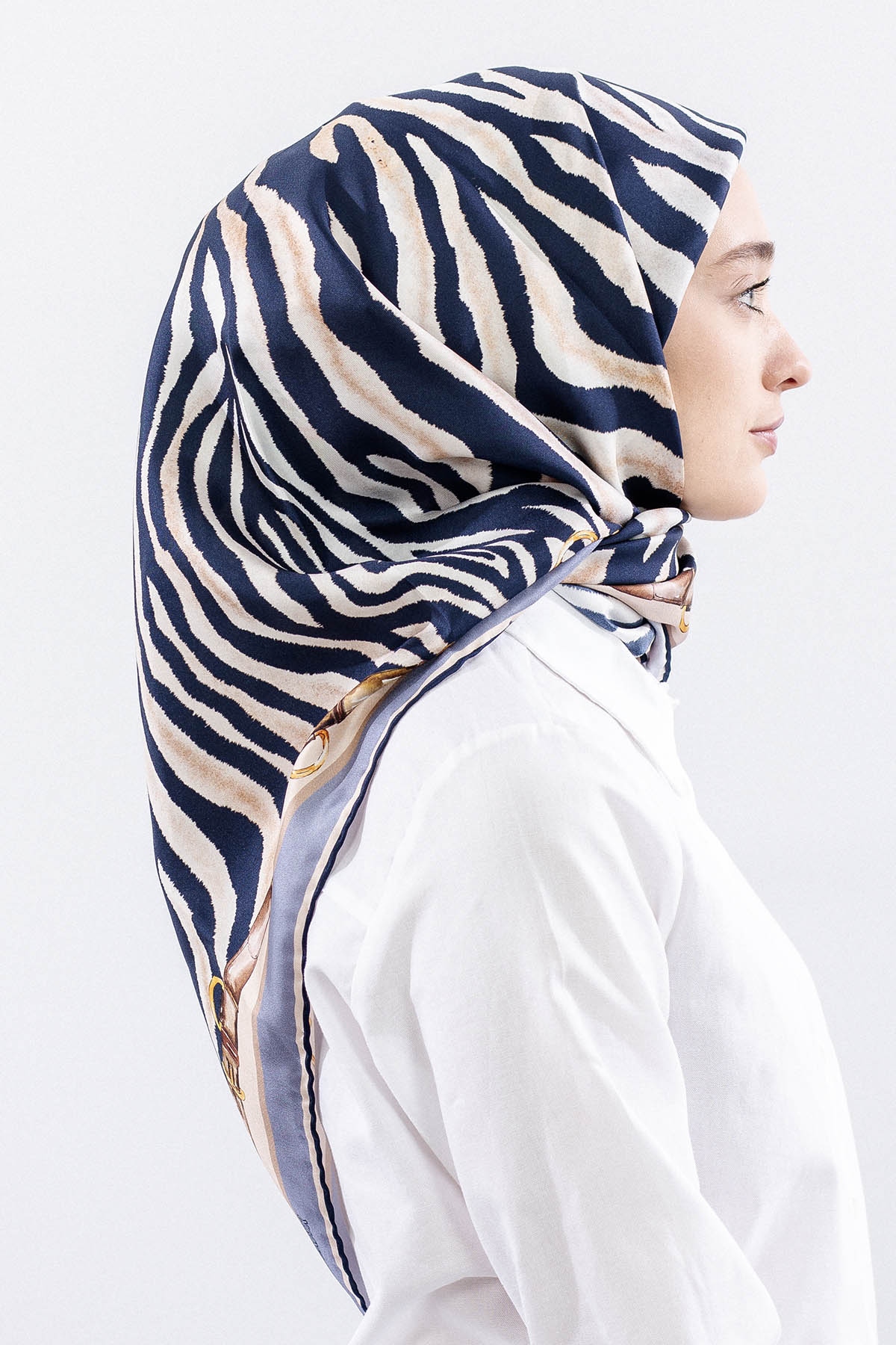 Dg14827 İpek Eşarp Zebra Desen Tvil Kumas - Lacivert - 3