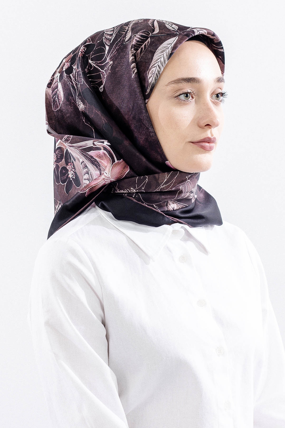 Dg14828 İpek Eşarp Cicek Dali Tvil Kumas - Kahve - 2