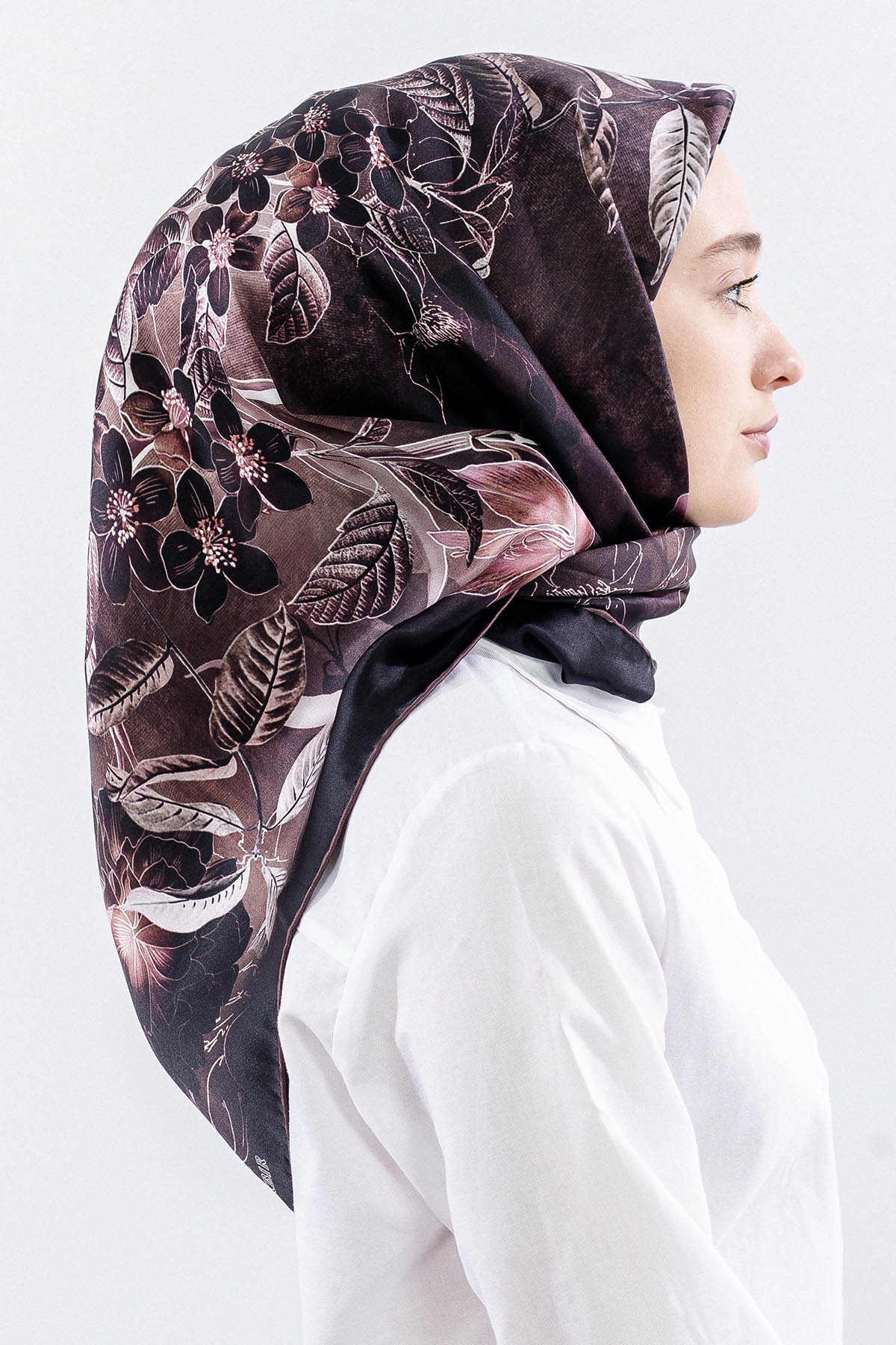 Dg14828 İpek Eşarp Cicek Dali Tvil Kumas - Kahve - 3