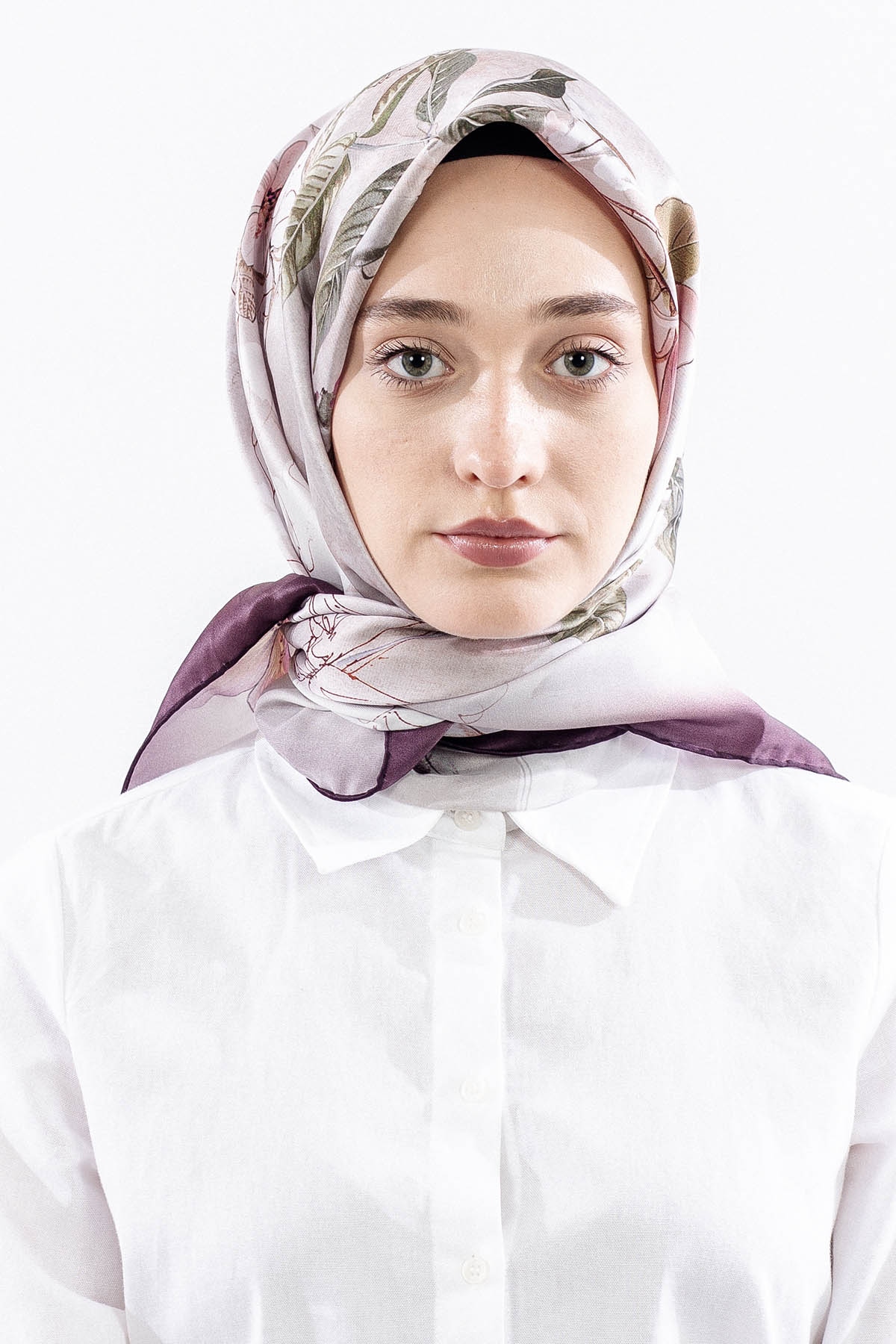 Dg14828 İpek Eşarp Cicek Dali Tvil Kumas - Murdum - 1