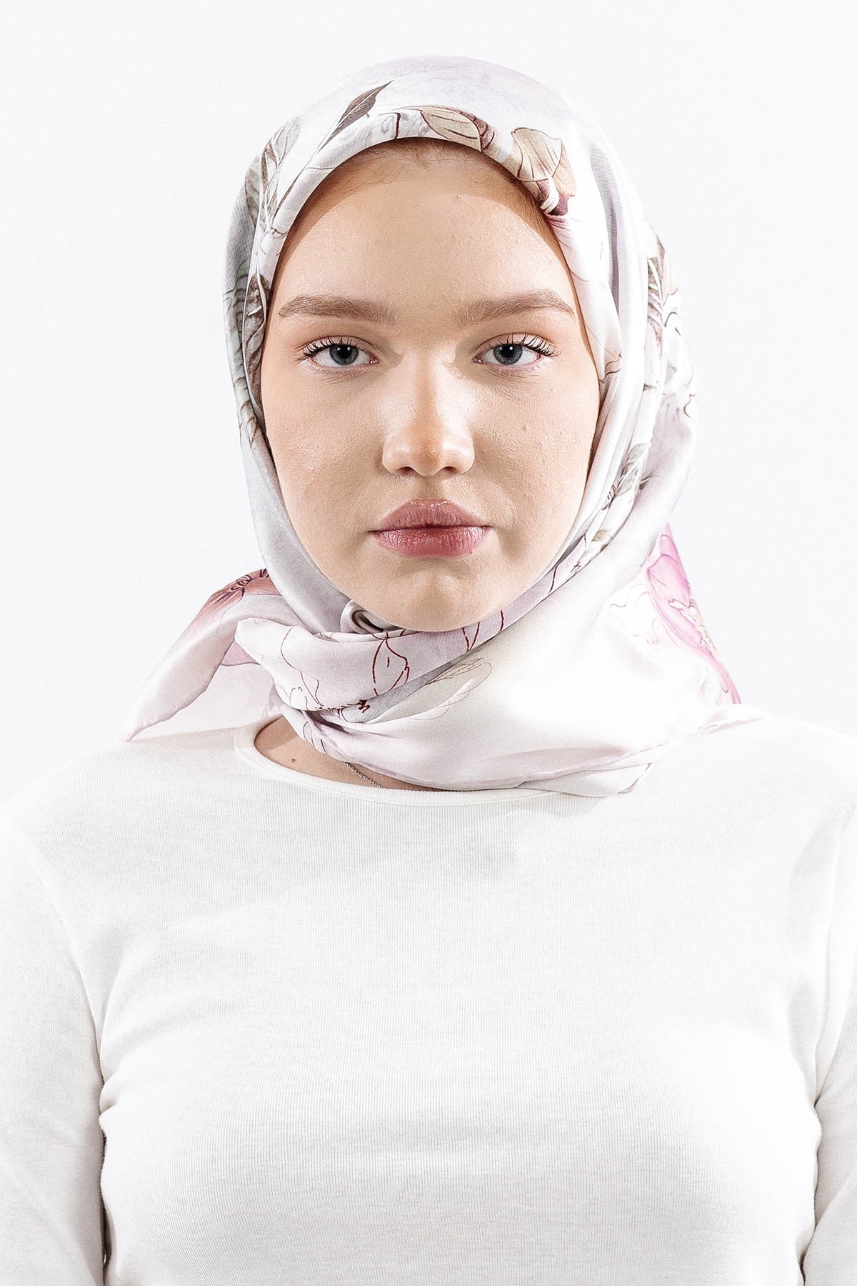 Dg14828 İpek Eşarp Cicek Dali Tvil Kumas - Pudra - 1