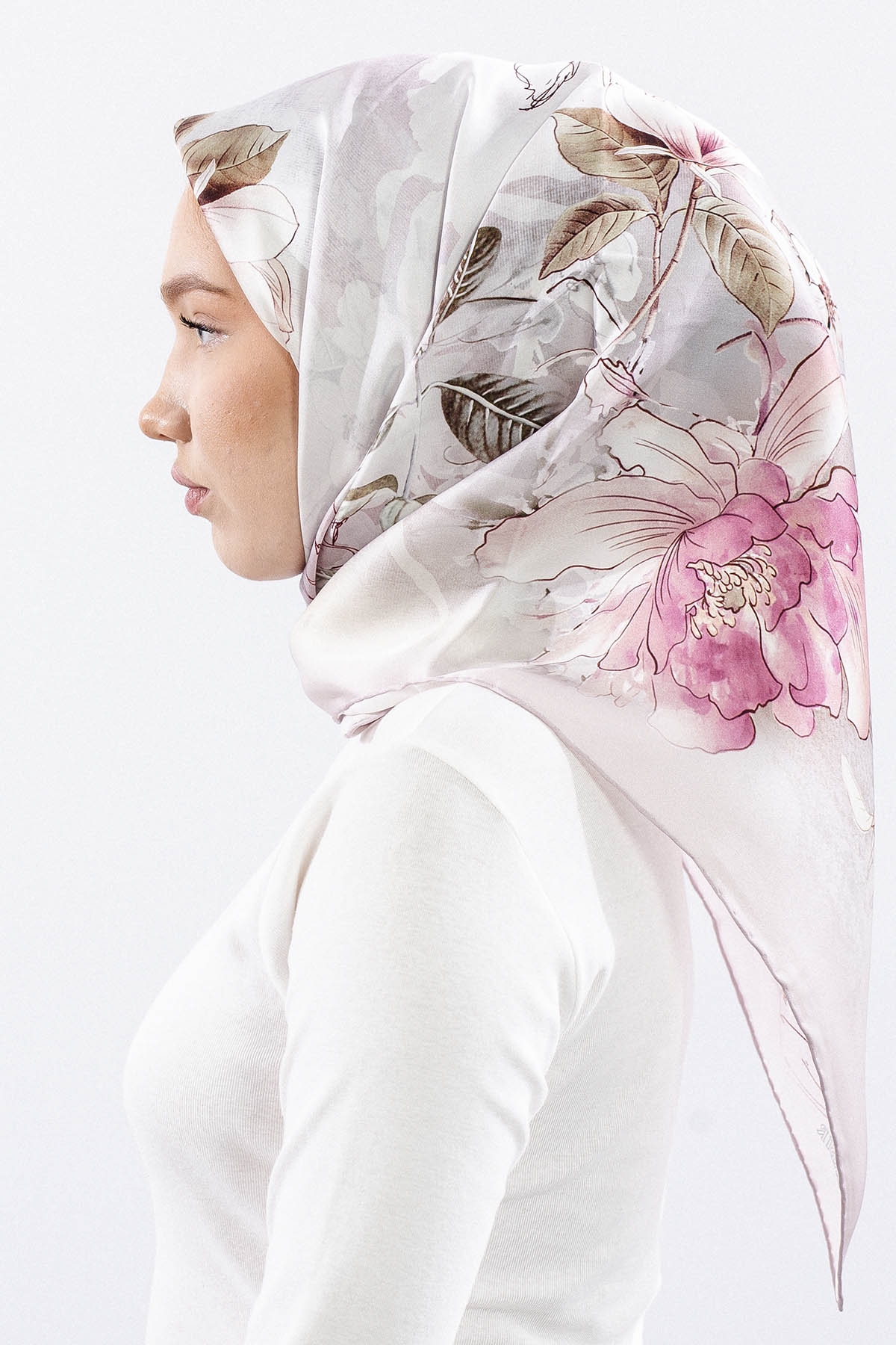 Dg14828 İpek Eşarp Cicek Dali Tvil Kumas - Pudra - 3