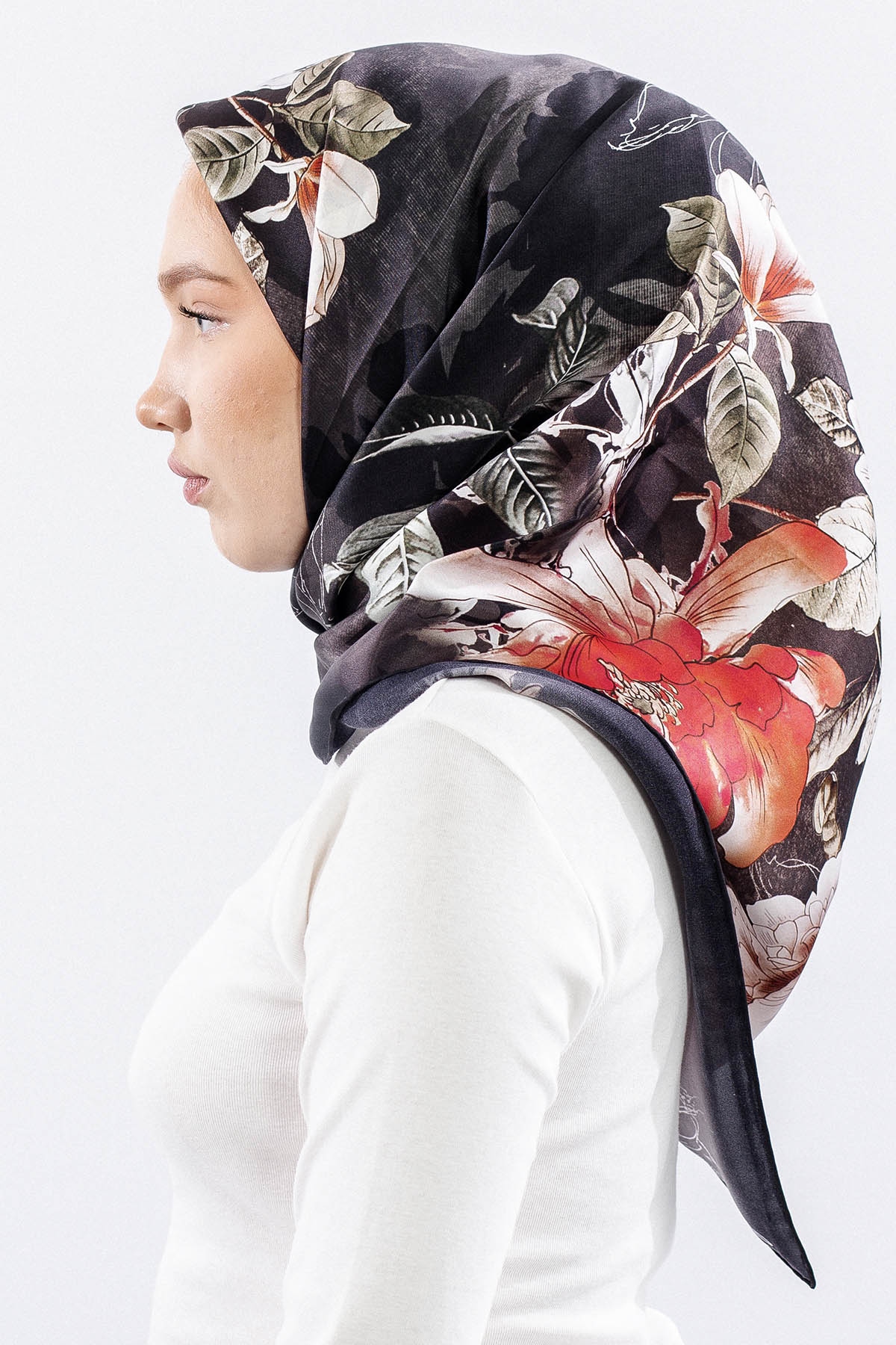 Dg14828 İpek Eşarp Cicek Dali Tvil Kumas - Siyah_kirmizi - 3