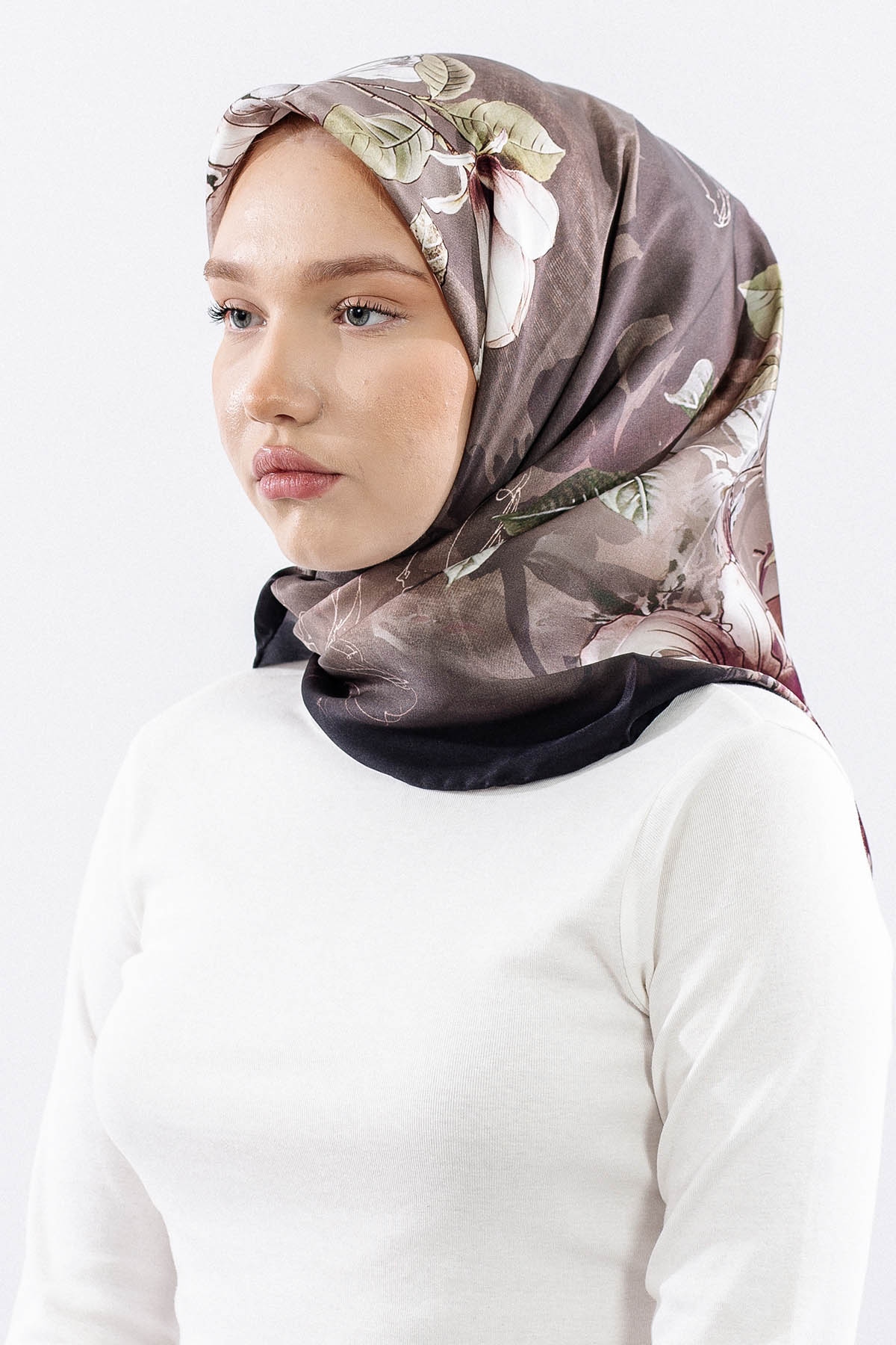 Dg14828 İpek Eşarp Cicek Dali Tvil Kumas - Siyah_visne - 2