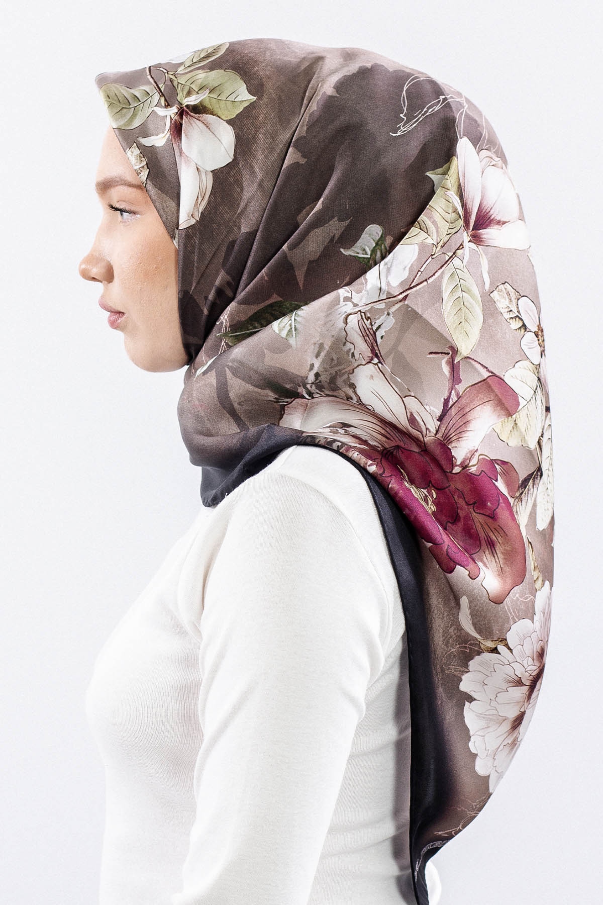 Dg14828 İpek Eşarp Cicek Dali Tvil Kumas - Siyah_visne - 3