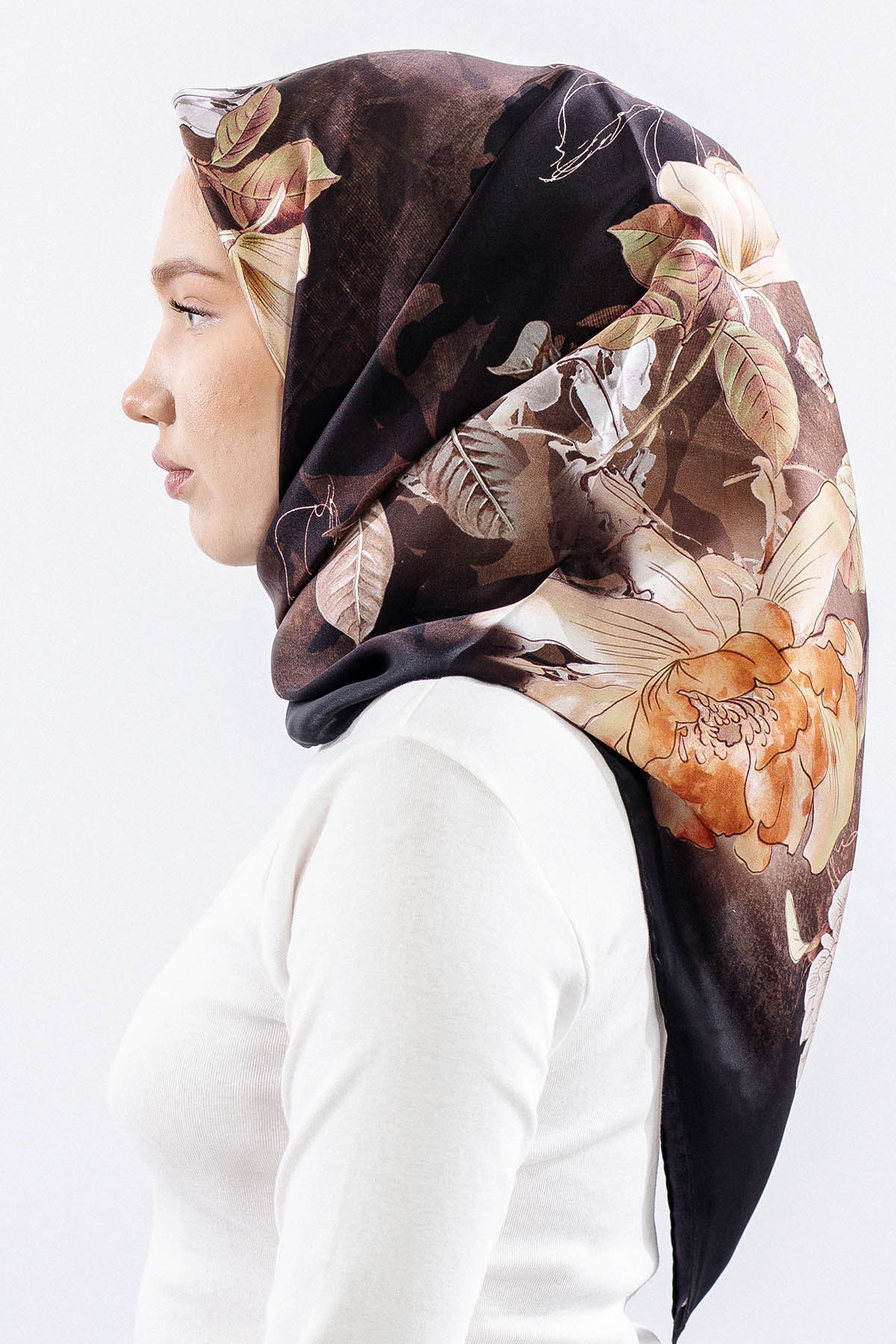 Dg14828 İpek Eşarp Cicek Dali Tvil Kumas - Vizon - 3