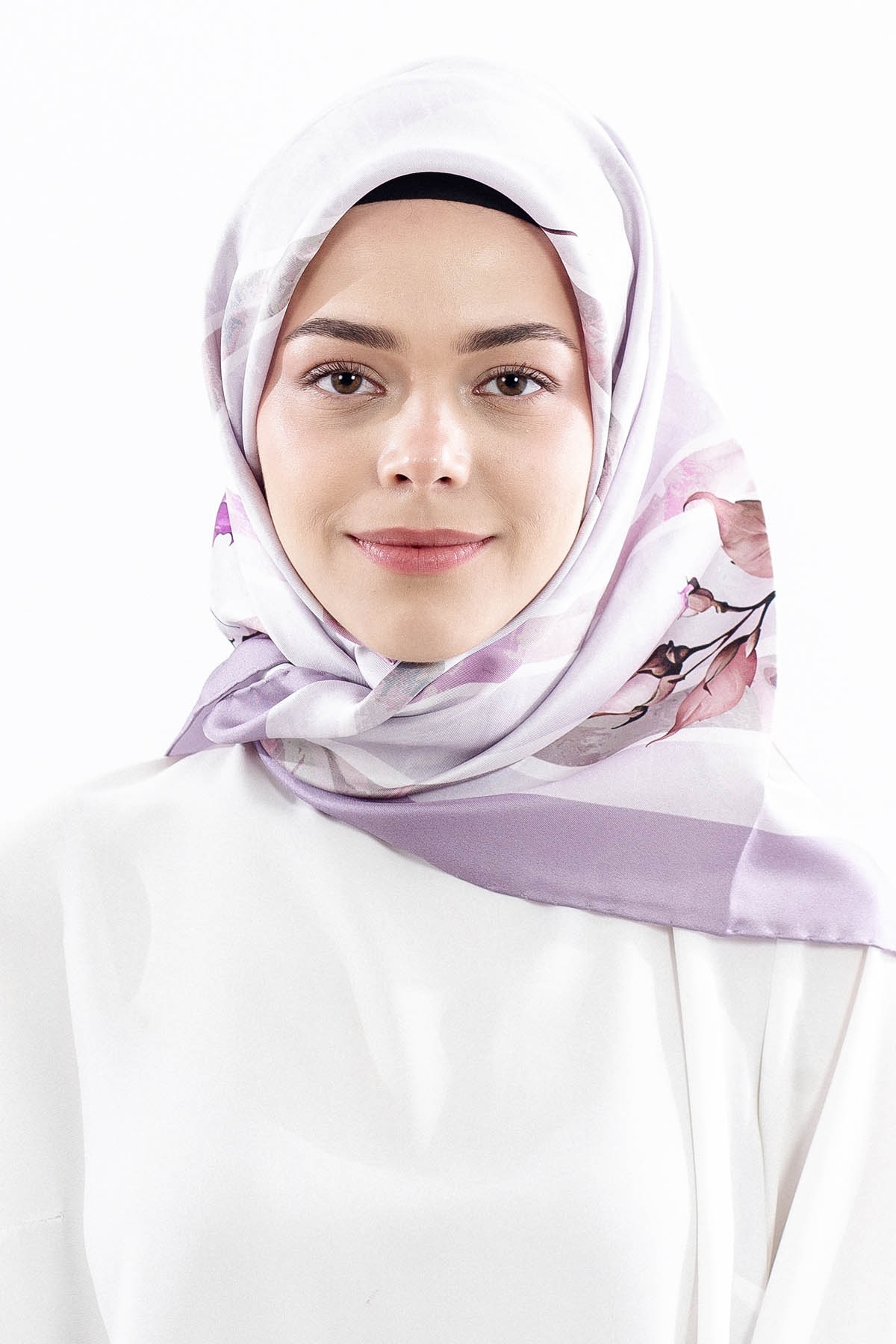 Dg18337 İpek Eşarp Cizgili Cicek Tvil Kumas - Lila - 1