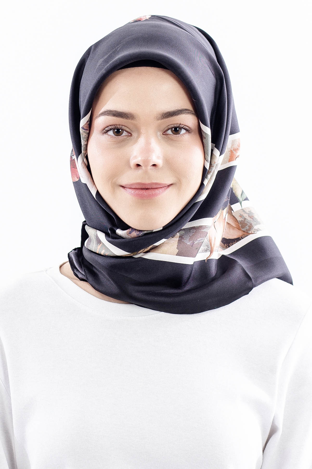 Dg18337 İpek Eşarp Cizgili Cicek Tvil Kumas - Siyah_tas - 1