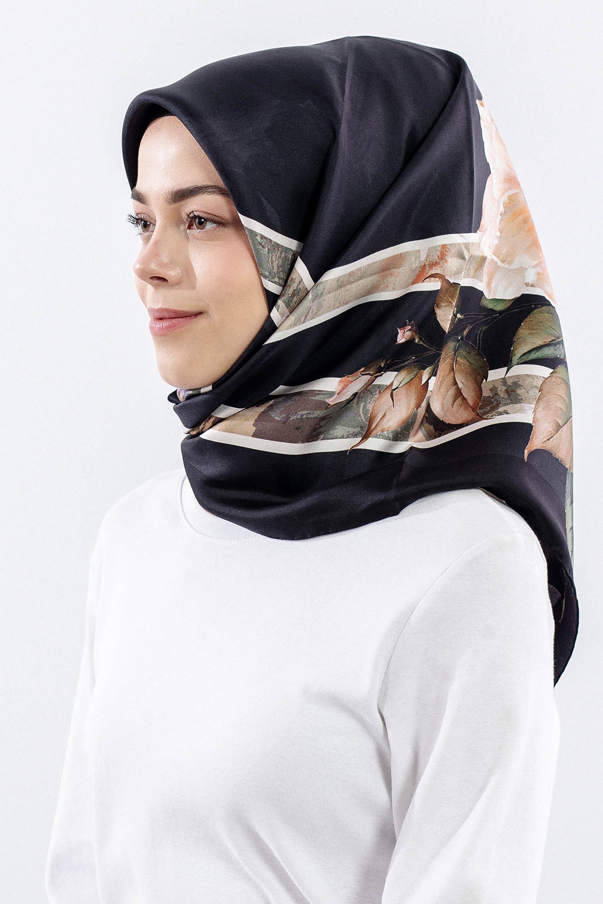 Dg18337 İpek Eşarp Cizgili Cicek Tvil Kumas - Siyah_tas - 2