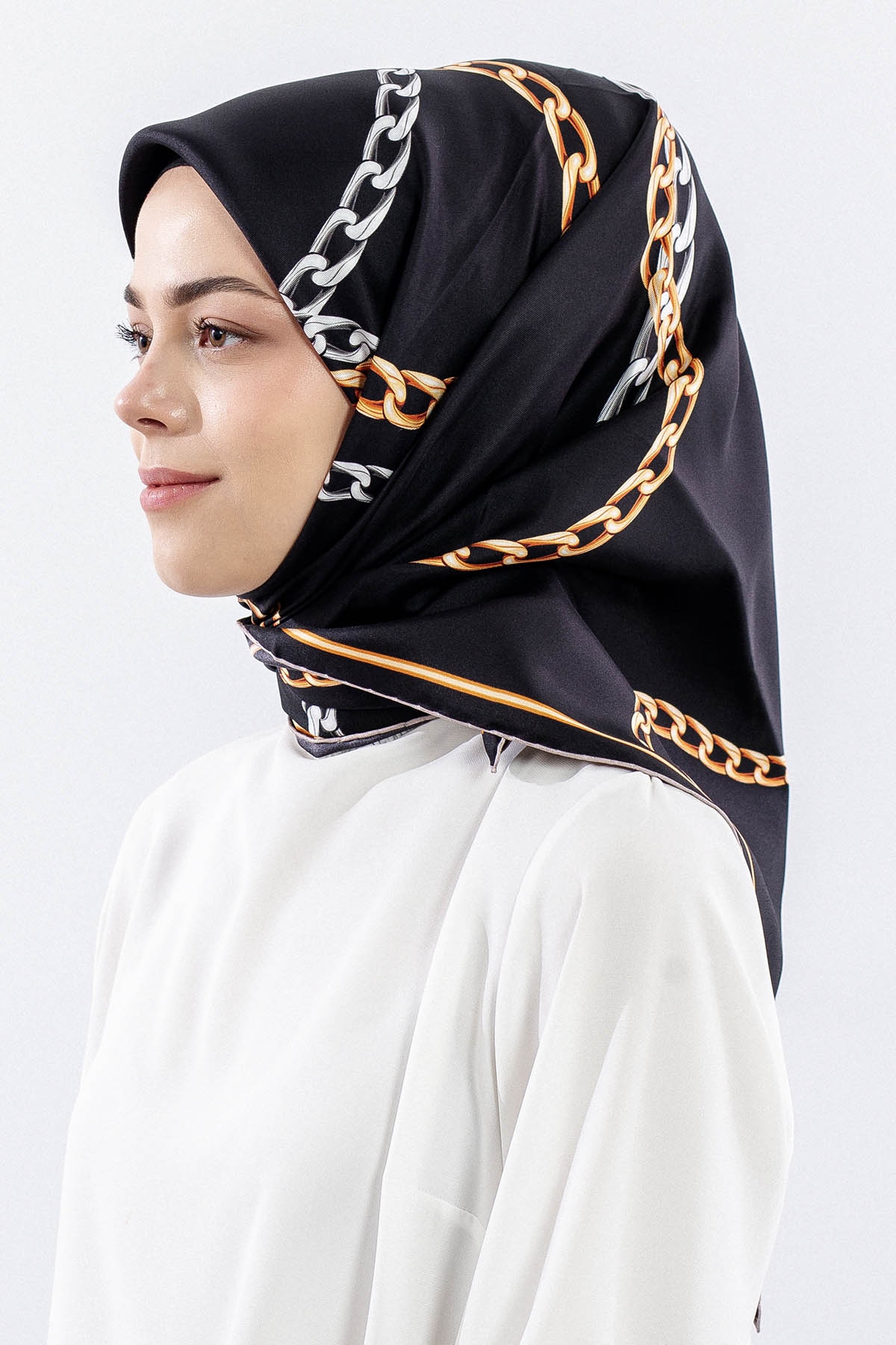 Dg18338 İpek Eşarp Zincir Tvil Kumas - Siyah_gold - 2