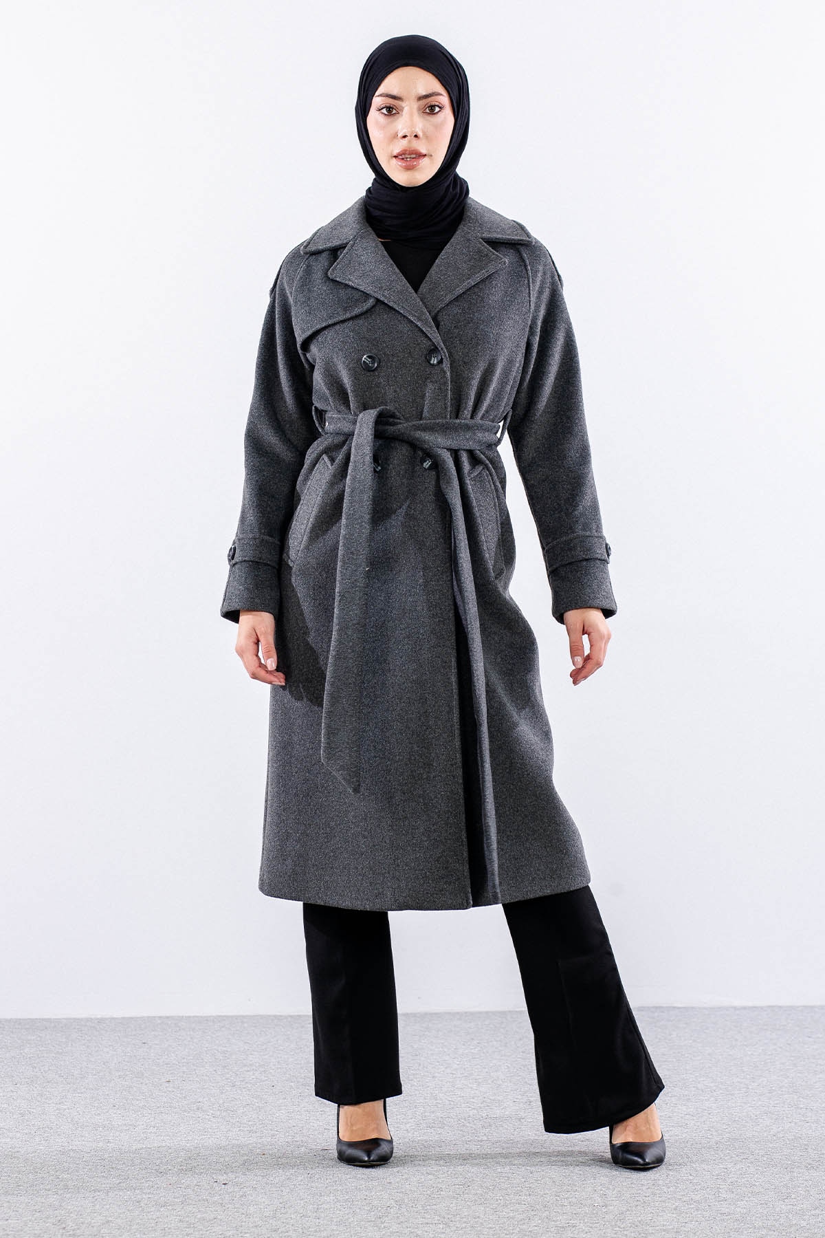 F-1265 Kaşe Kaban 38-48 Cıft Dugme Tek Aller - Antrasit - 1