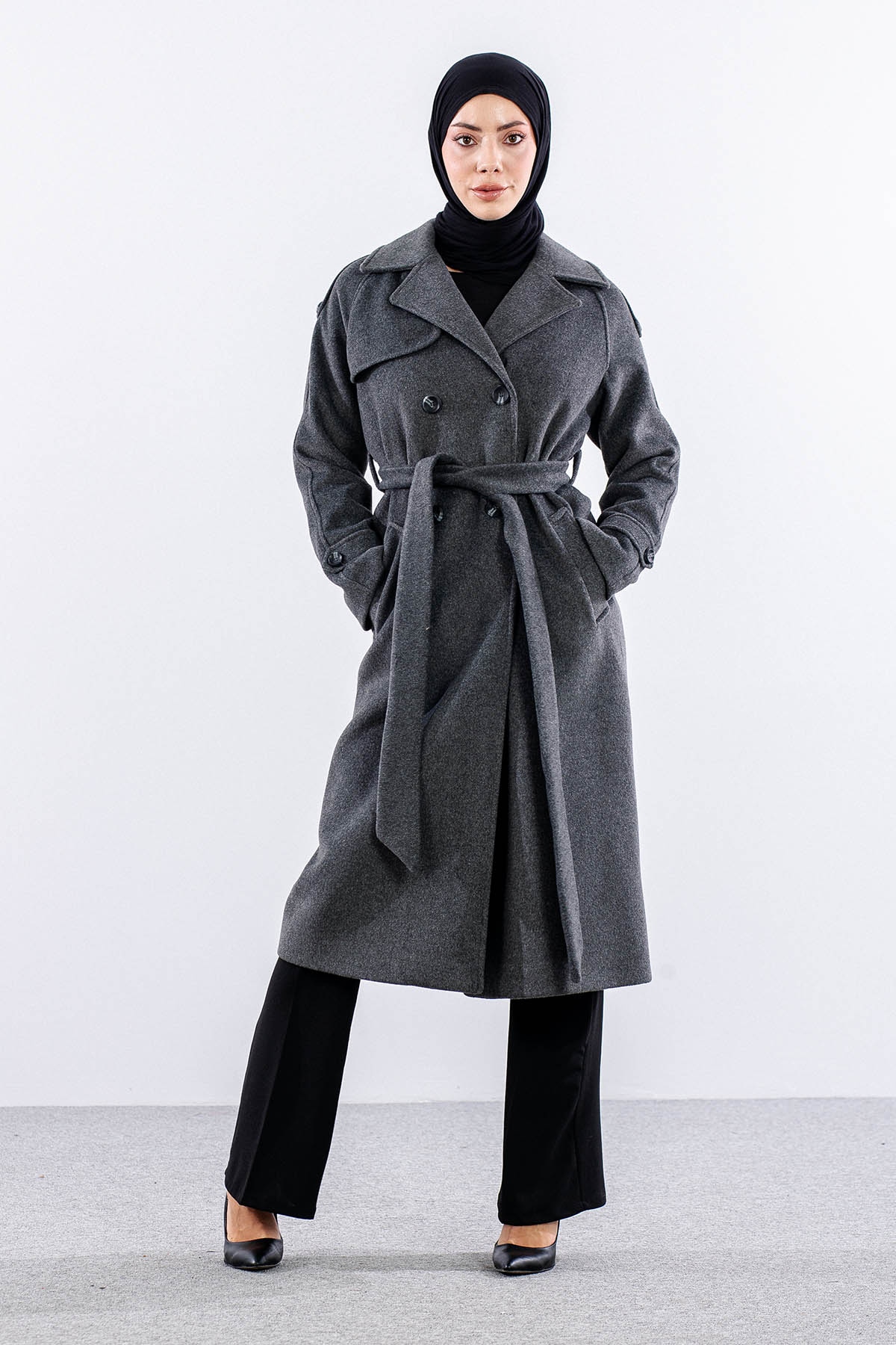 F-1265 Kaşe Kaban 38-48 Cıft Dugme Tek Aller - Antrasit - 2