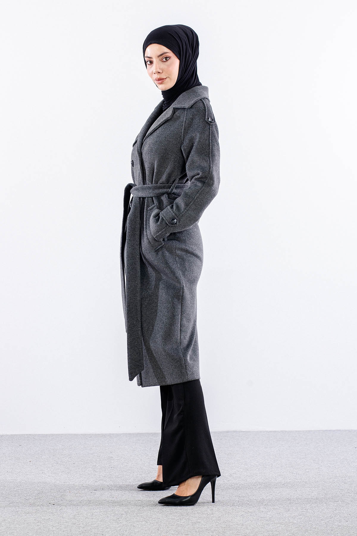 F-1265 Kaşe Kaban 38-48 Cıft Dugme Tek Aller - Antrasit - 3