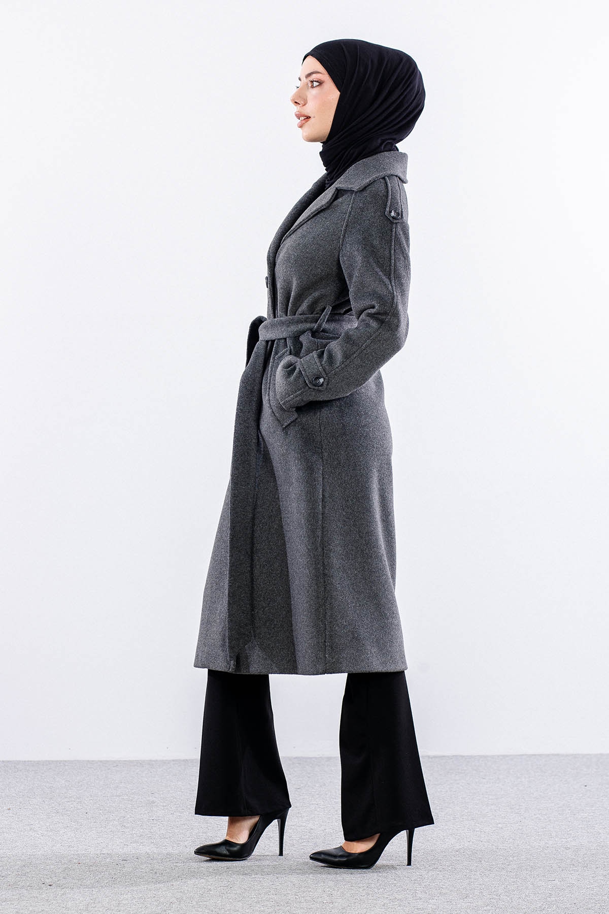 F-1265 Kaşe Kaban 38-48 Cıft Dugme Tek Aller - Antrasit - 4