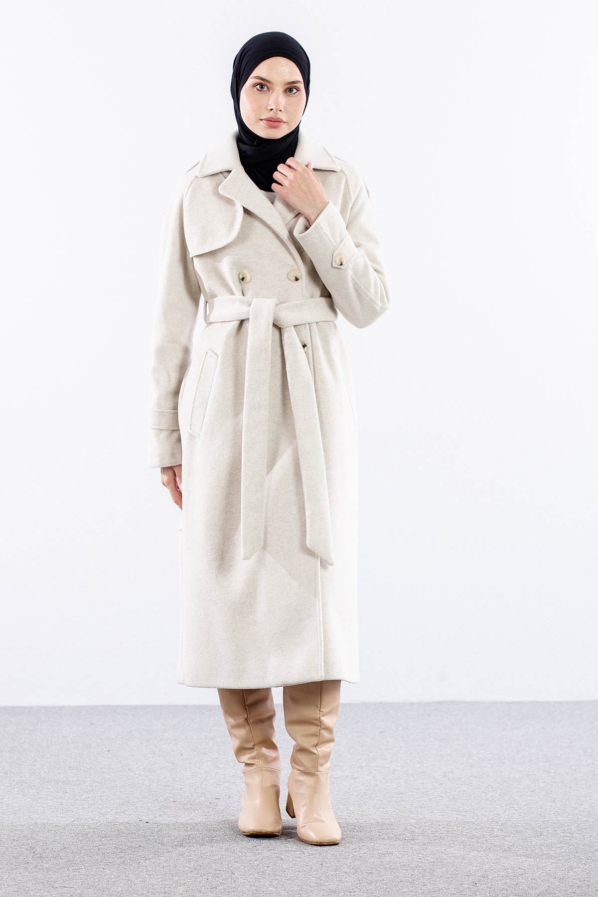 F-1265 Kaşe Kaban 38-48 Cıft Dugme Tek Aller - Ekru - 1