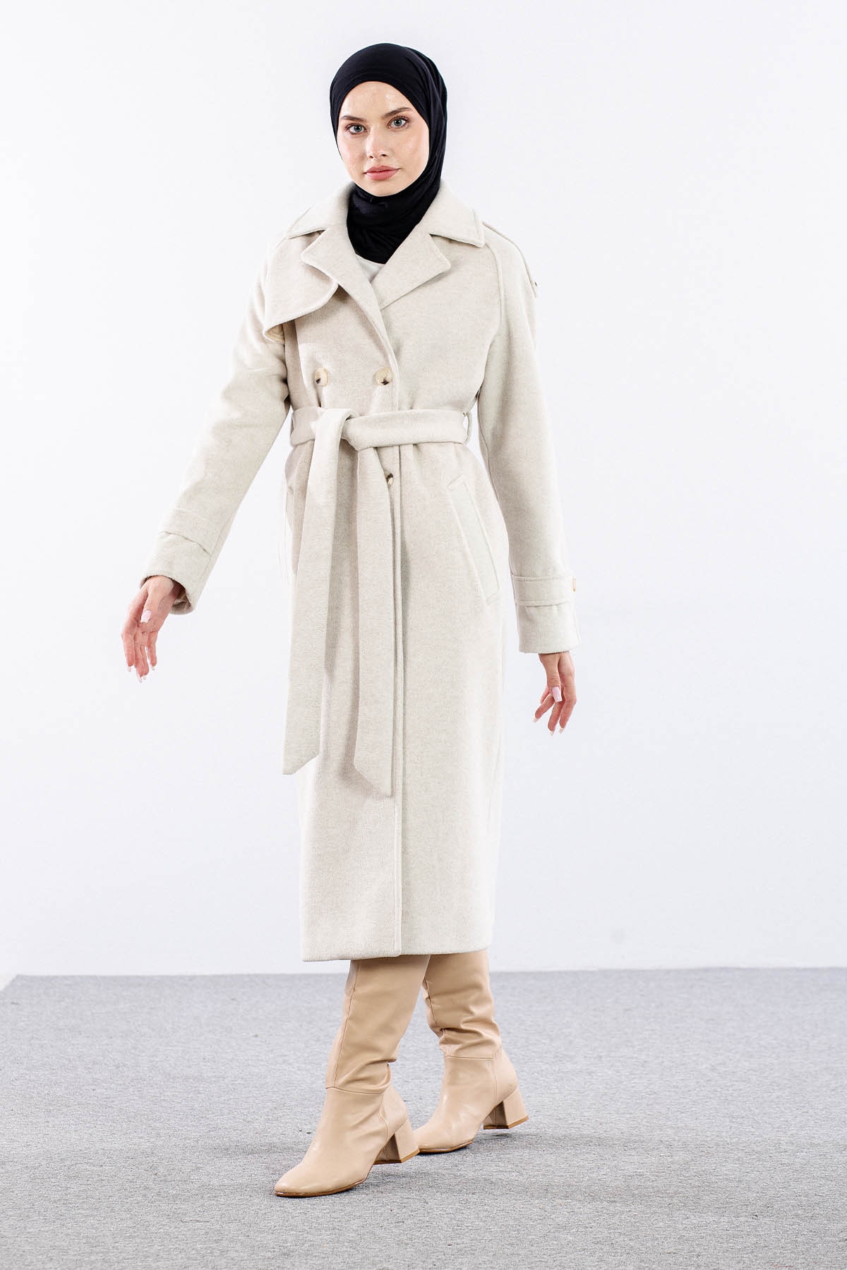 F-1265 Kaşe Kaban 38-48 Cıft Dugme Tek Aller - Ekru - 3