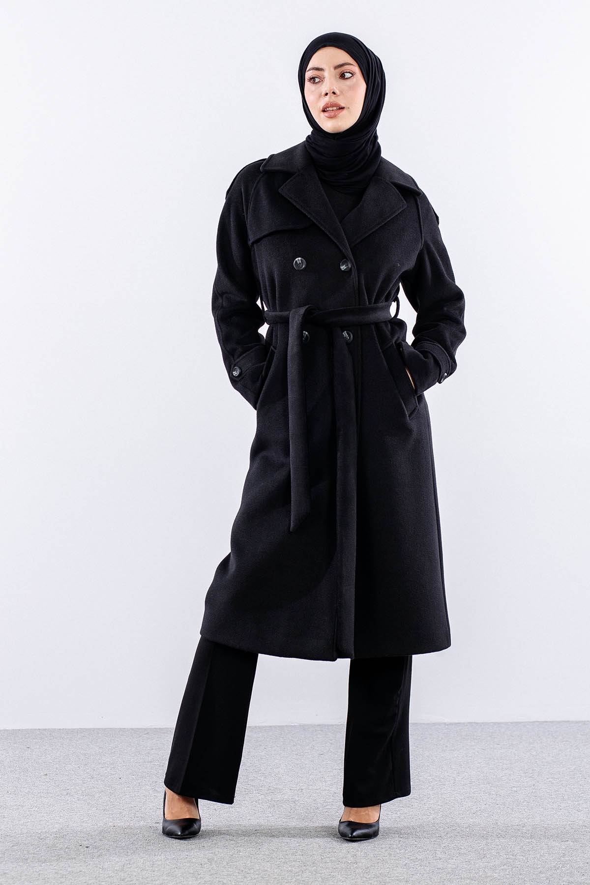 F-1265 Kaşe Kaban 38-48 Cıft Dugme Tek Aller - Siyah - 1