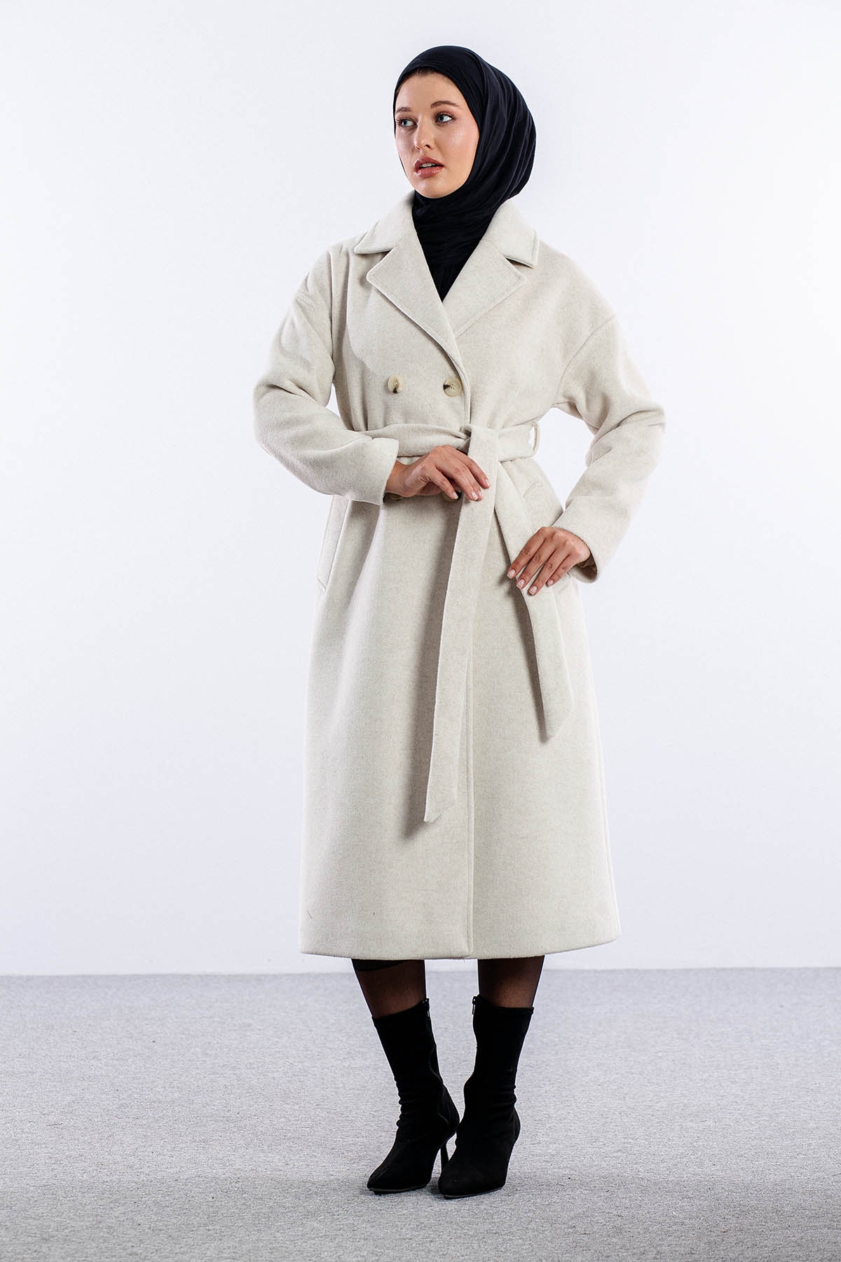 F-1455 Kaşe Kaban 38-48 - Bej - 1