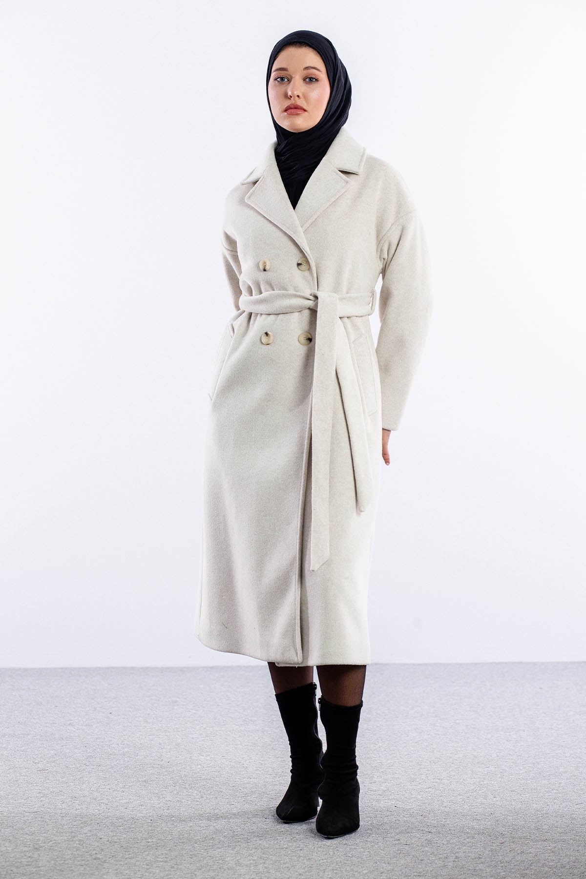 F-1455 Kaşe Kaban 38-48 - Bej - 2