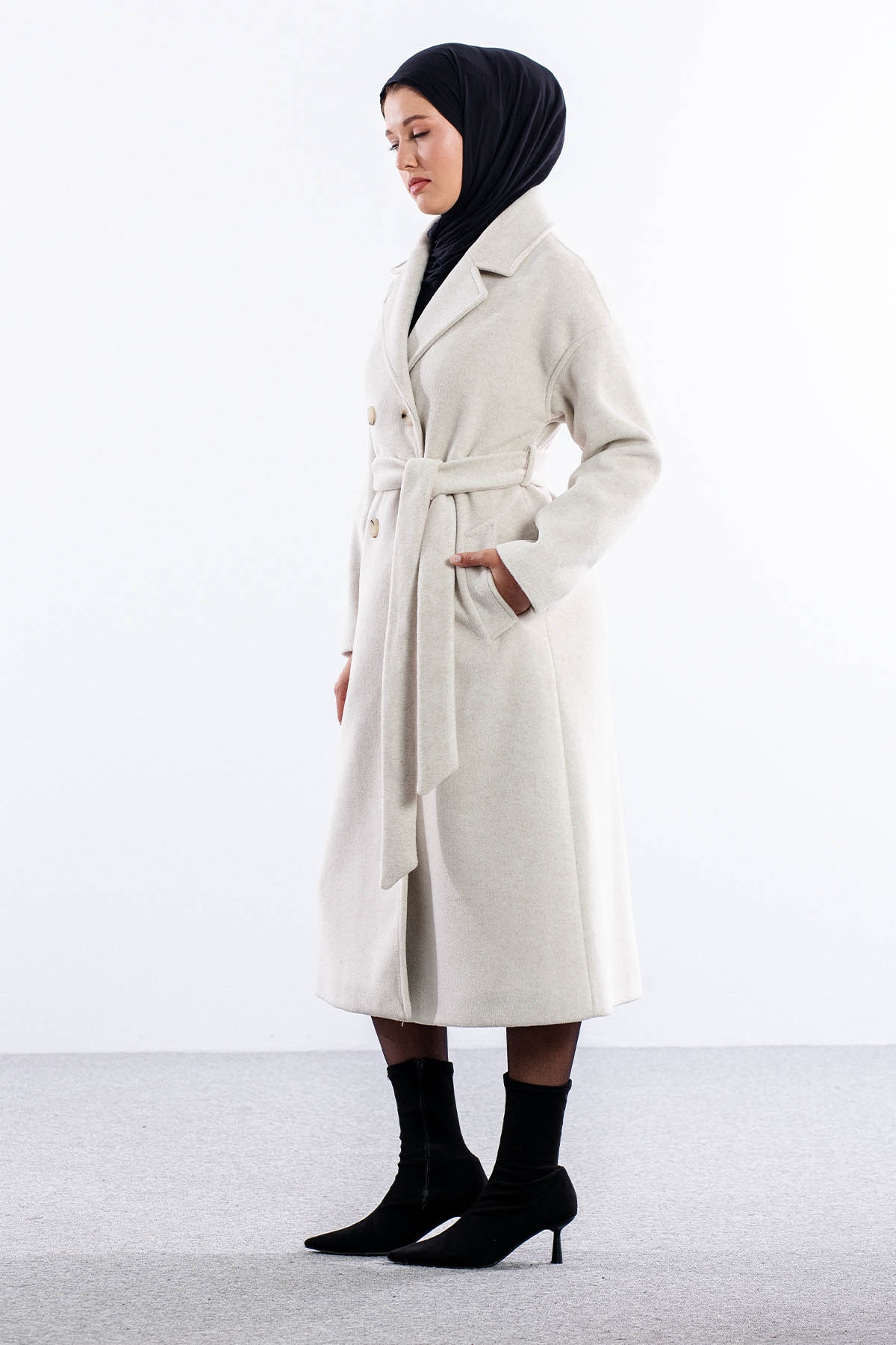 F-1455 Kaşe Kaban 38-48 - Bej - 3