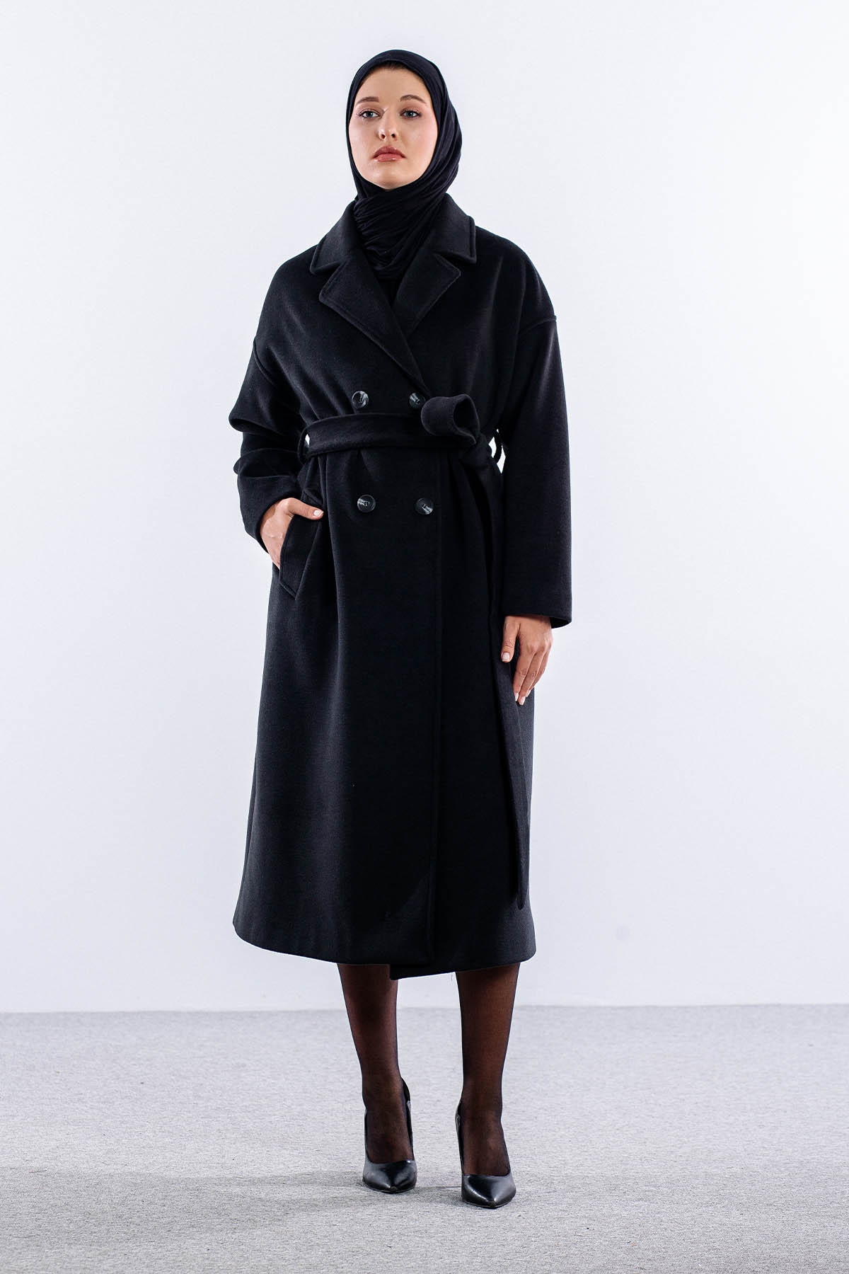 F-1455 Kaşe Kaban 38-48 - Siyah - 1