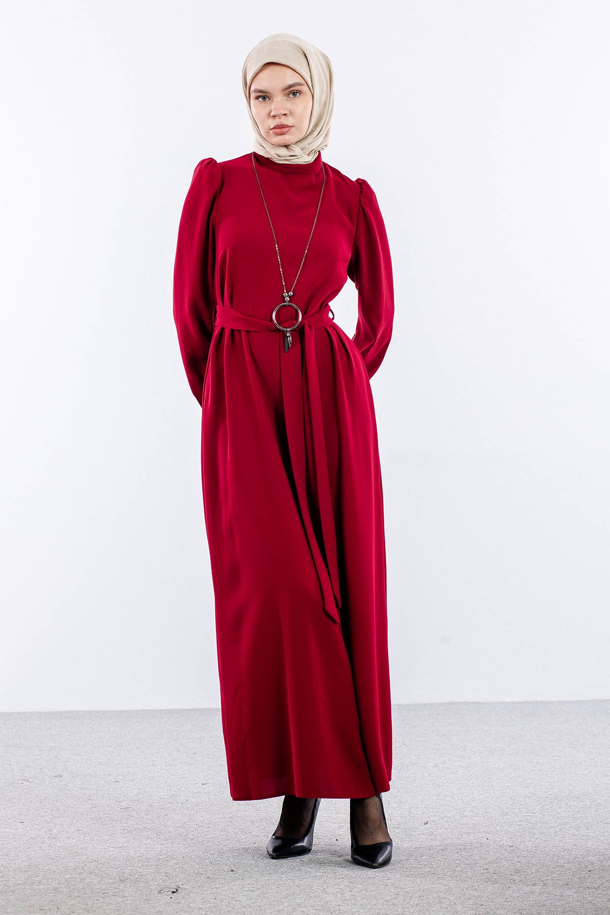 F-1504 Elbise 40-50 - Bordo - 1