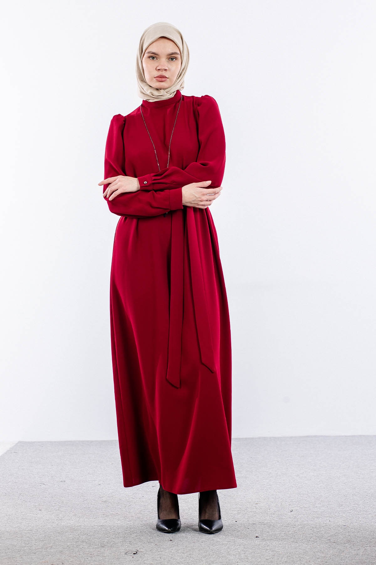 F-1504 Elbise 40-50 - Bordo - 2