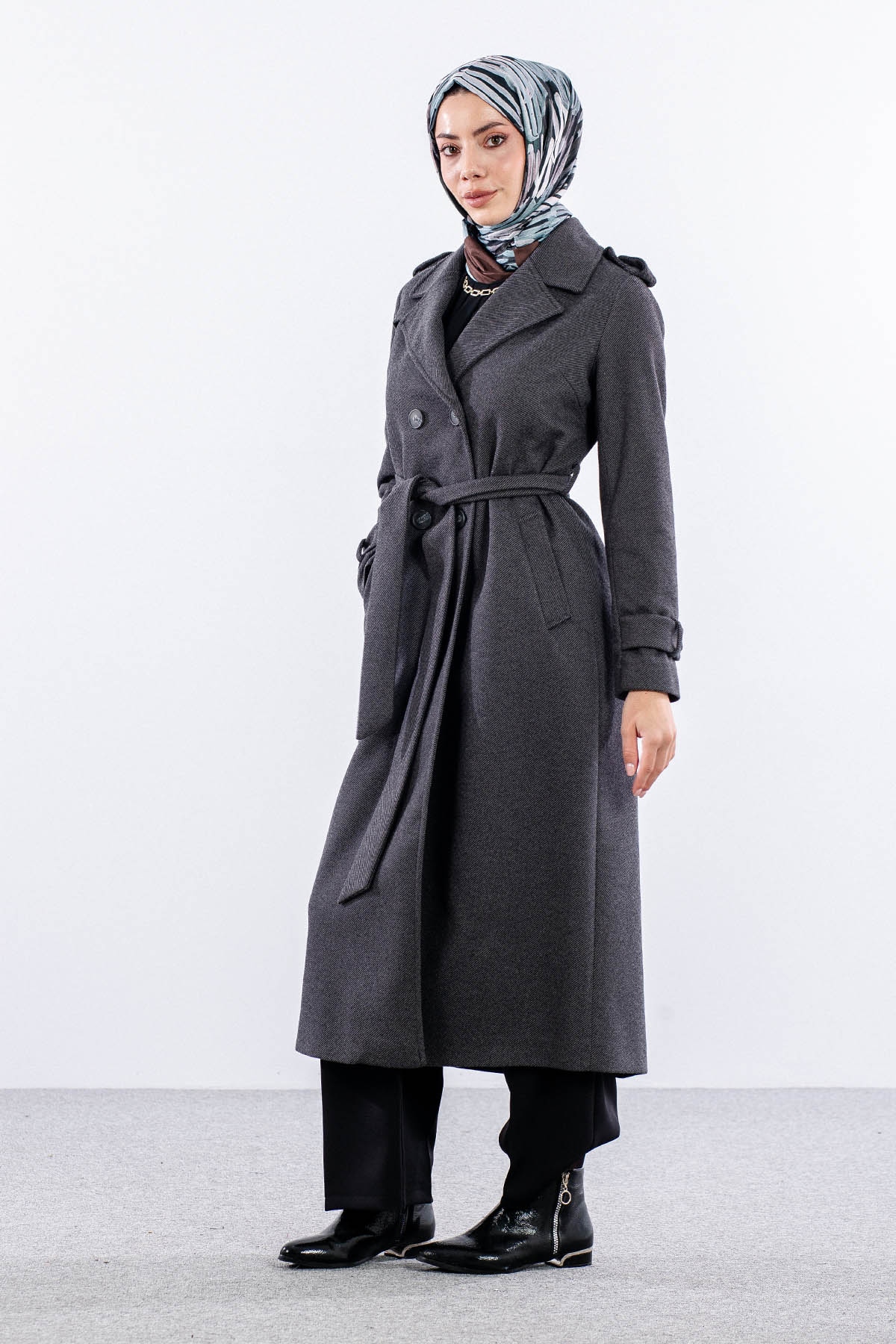 F-1572 Kaşe Kaban 38-48 Baliksirti - Fume - 2