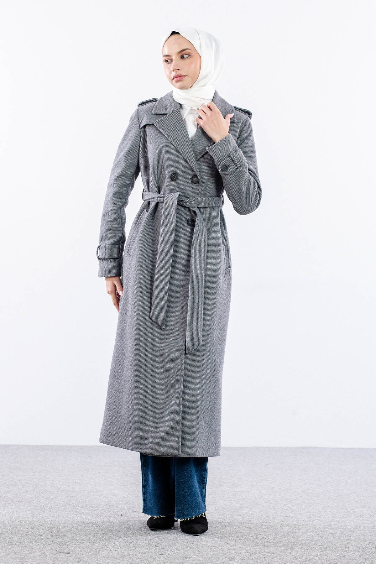 F-1572 Kaşe Kaban 38-48 Baliksirti - Gri - 1